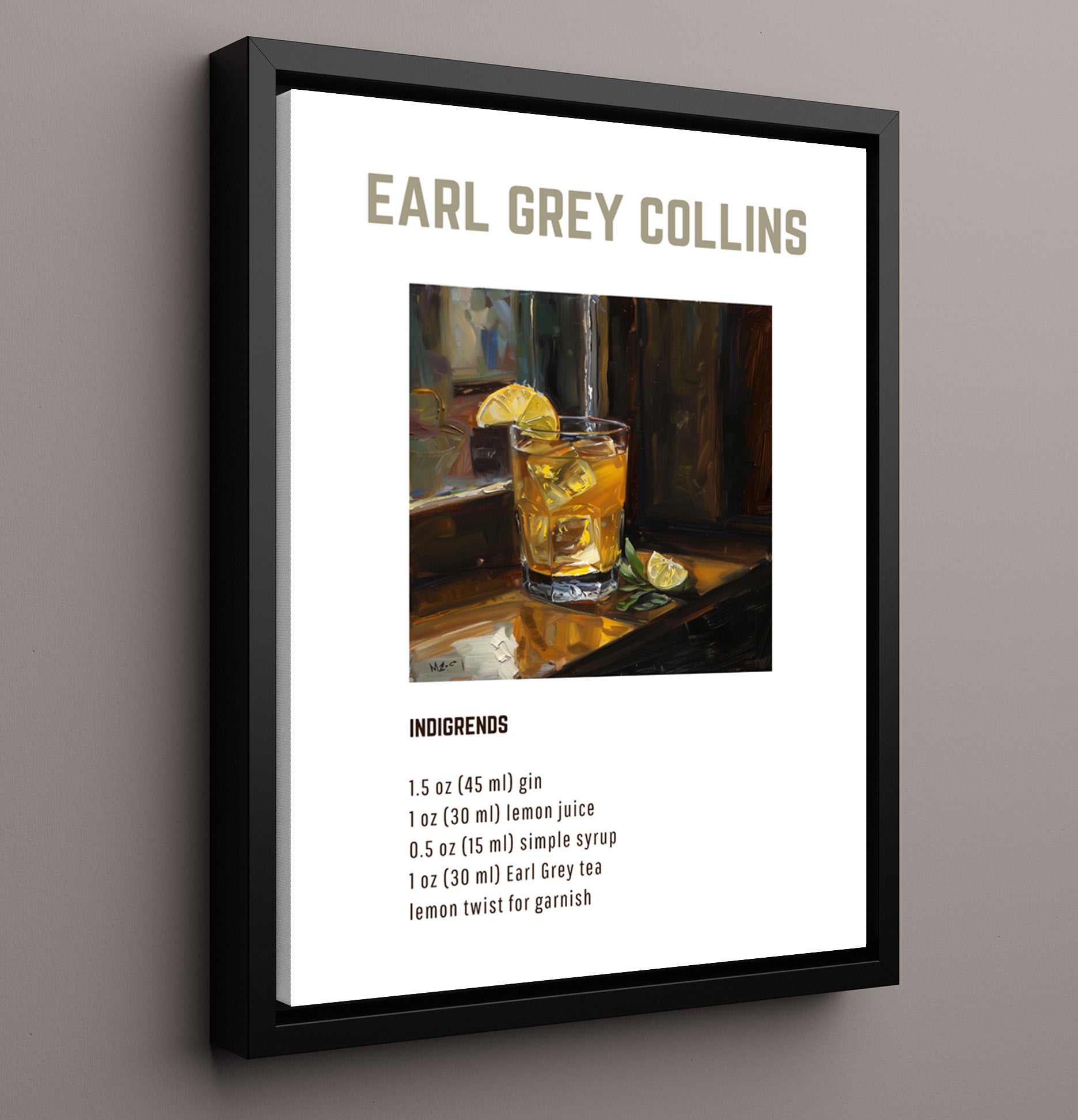 Earl Grey Collins 16x20 Framed Canvas cocktail recipe wall art print – Cocktail Recipies decor