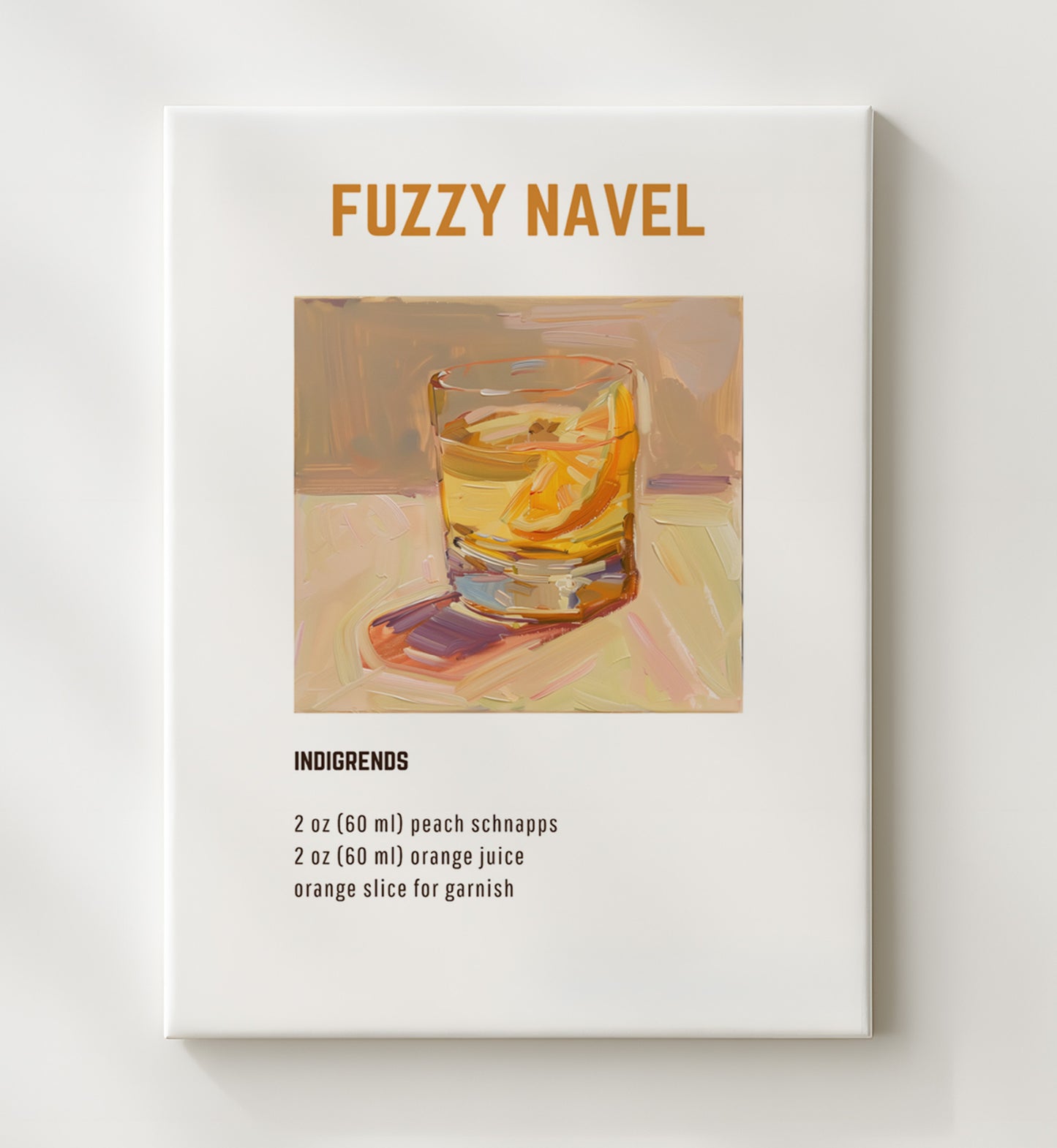 Fuzzy Navel 20x24 Canvas cocktail recipe wall art print – Cocktail Recipies decor
