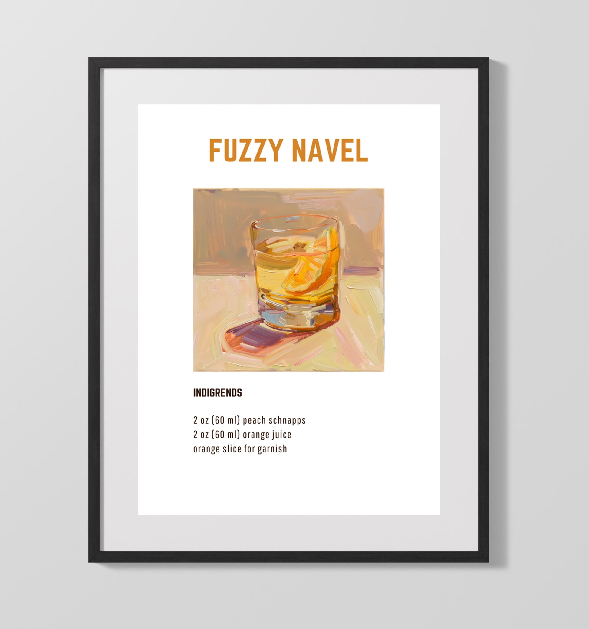 Fuzzy Navel 16x20 Gallery Frame cocktail recipe wall art print – Cocktail Recipies decor