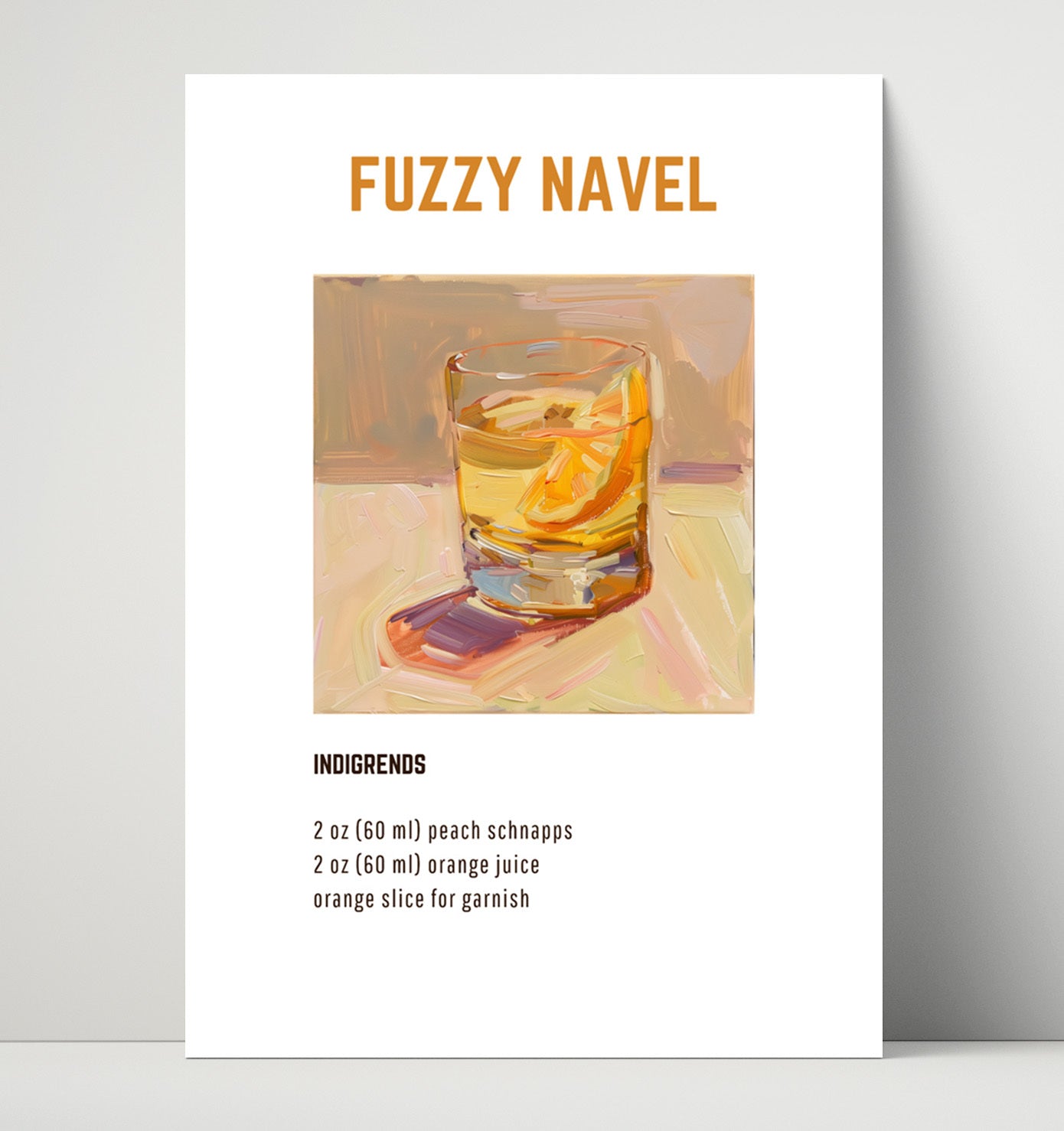 Fuzzy Navel 16x20 Unframed Print cocktail recipe wall art print – Cocktail Recipies decor