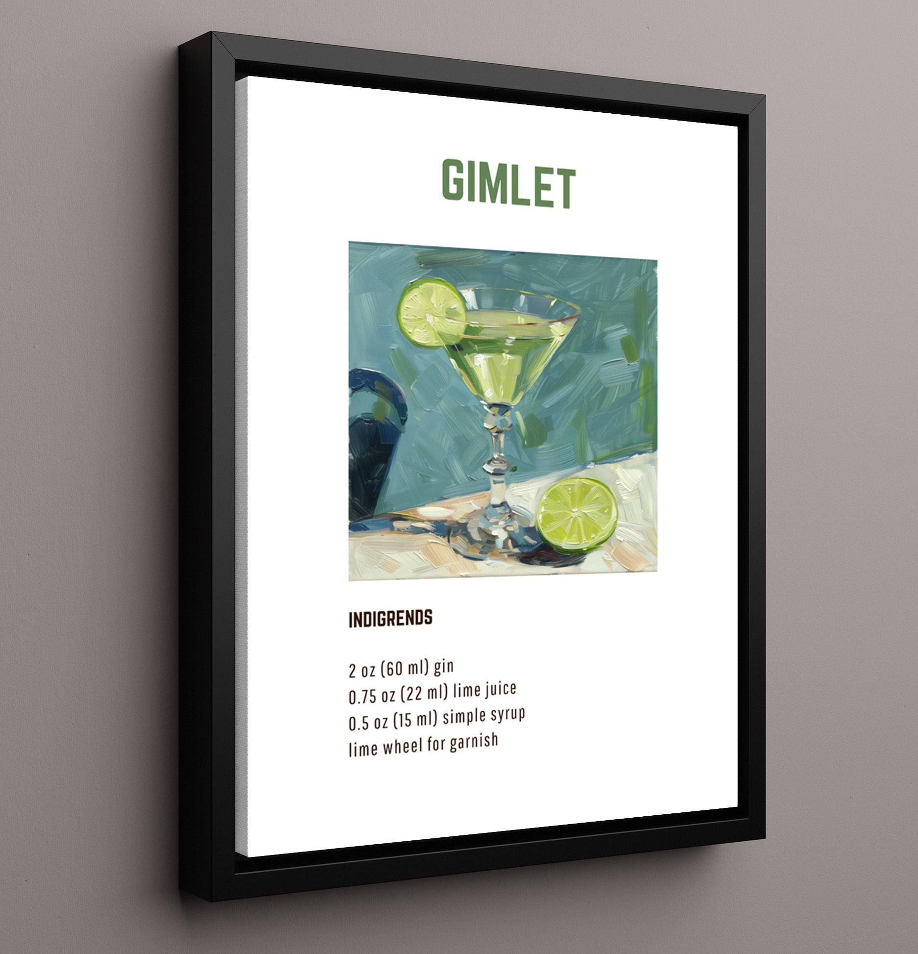 Gimlet 16x20 Framed Canvas cocktail recipe wall art print – Cocktail Recipies decor