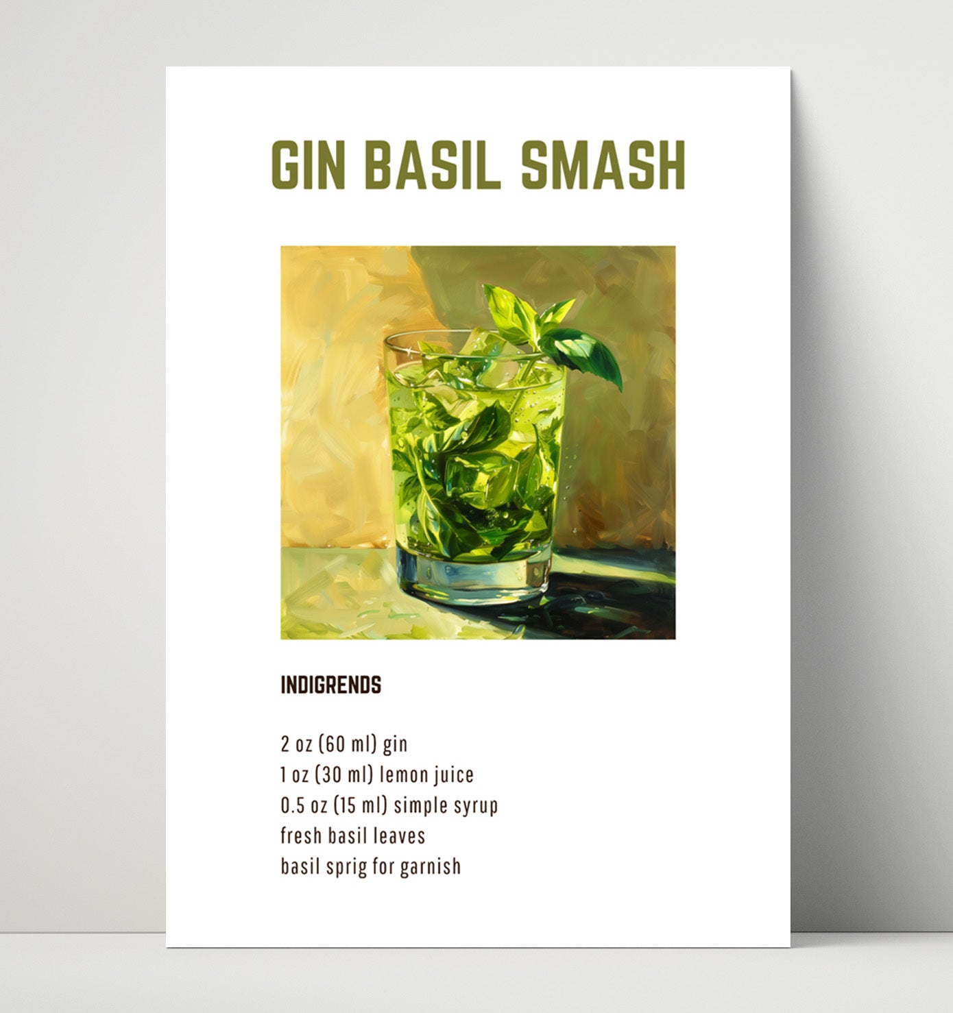 Gin Basil Smash 16x20 Unframed Print cocktail recipe wall art print – Cocktail Recipies decor