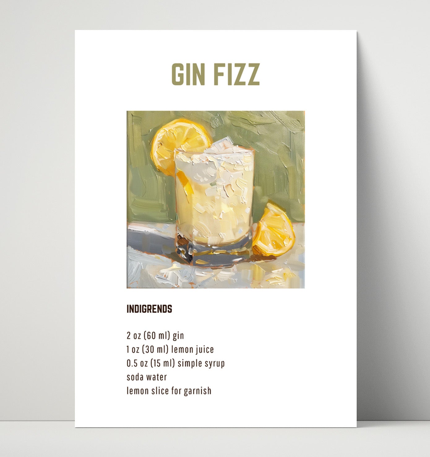 Gin Fizz 16x20 Unframed Print cocktail recipe wall art print – Cocktail Recipies decor