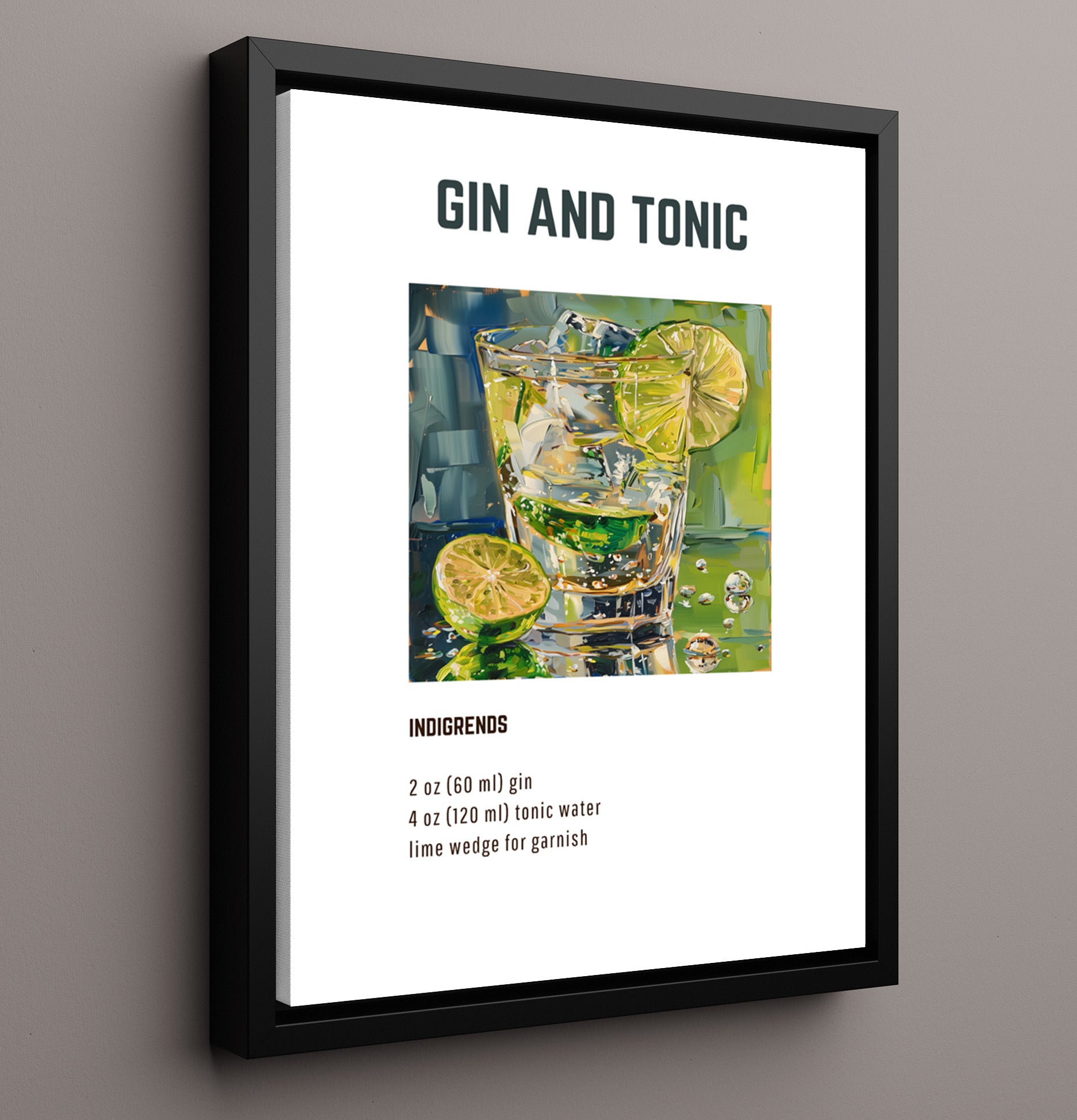 Gin and Tonic 16x20 Framed Canvas cocktail recipe wall art print – Cocktail Recipies decor