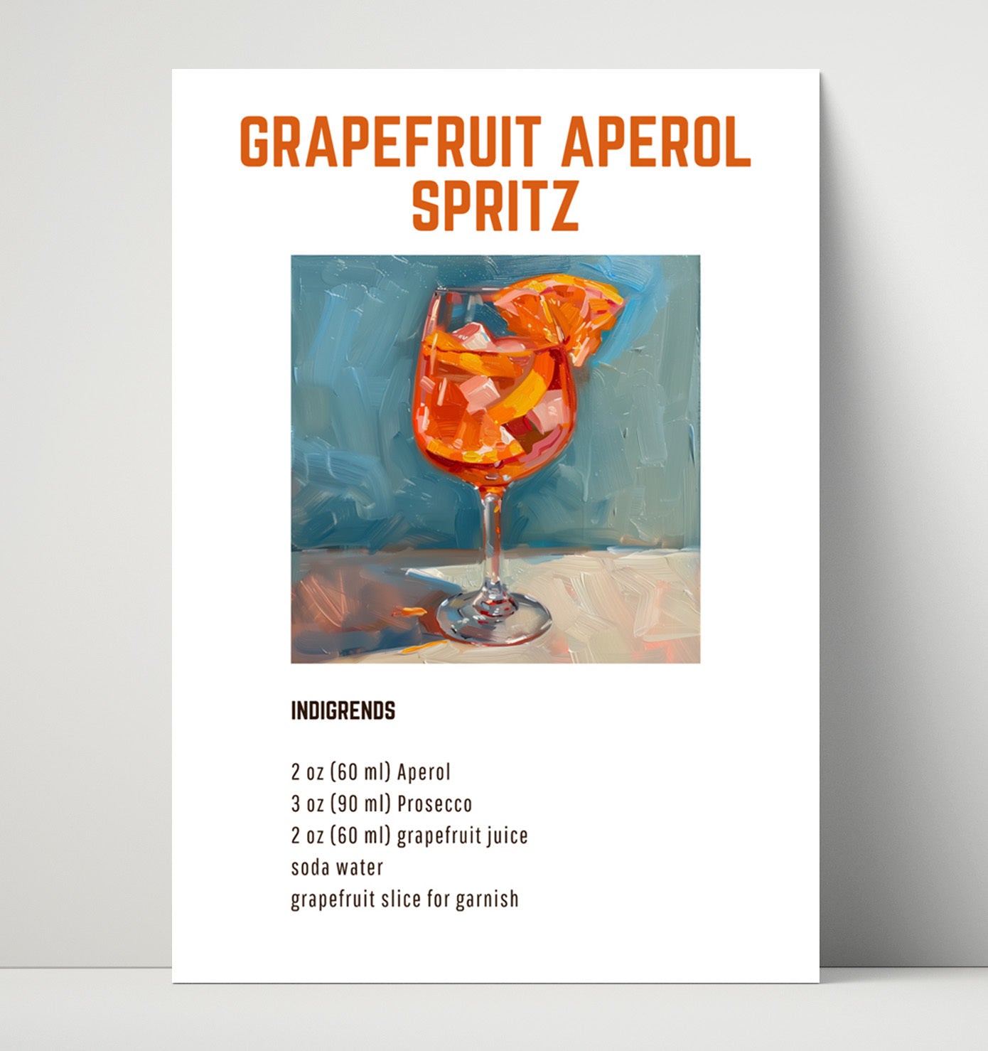 Grapefruit Aperol Spritz 16x20 Unframed Print cocktail recipe wall art print – Cocktail Recipies decor