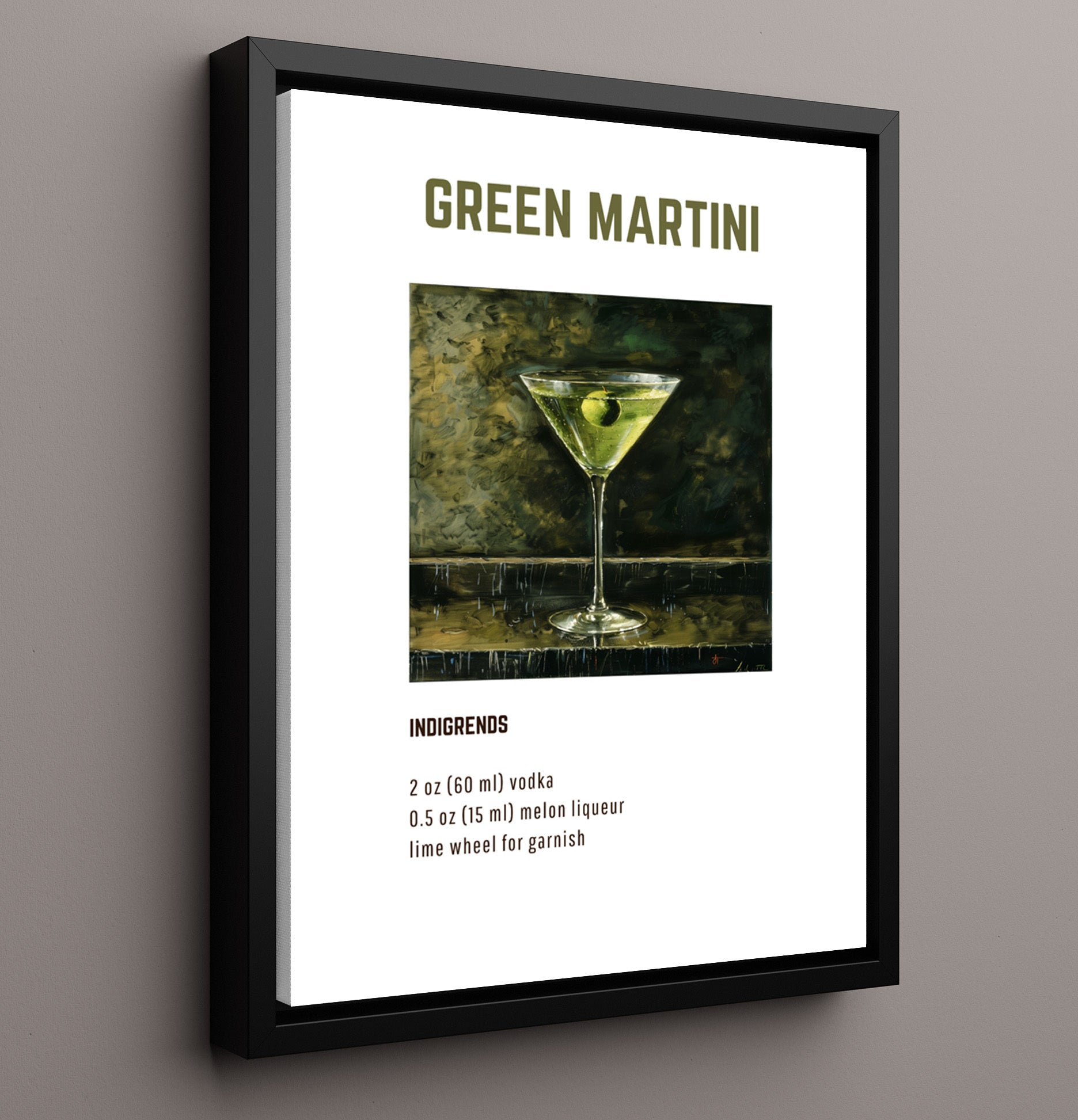 Green Martini 16x20 Framed Canvas cocktail recipe wall art print – Cocktail Recipies decor