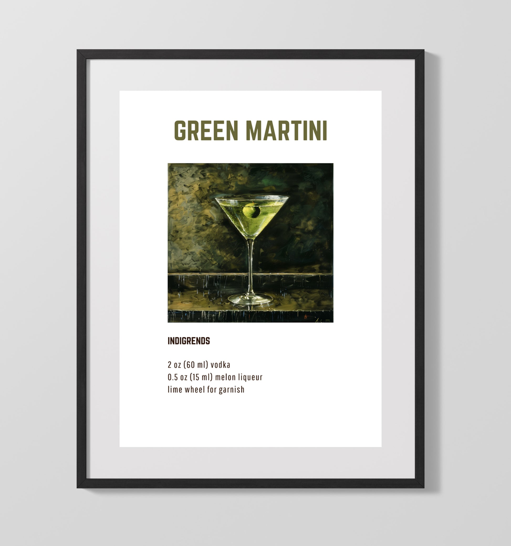 Green Martini 16x20 Gallery Frame cocktail recipe wall art print – Cocktail Recipies decor