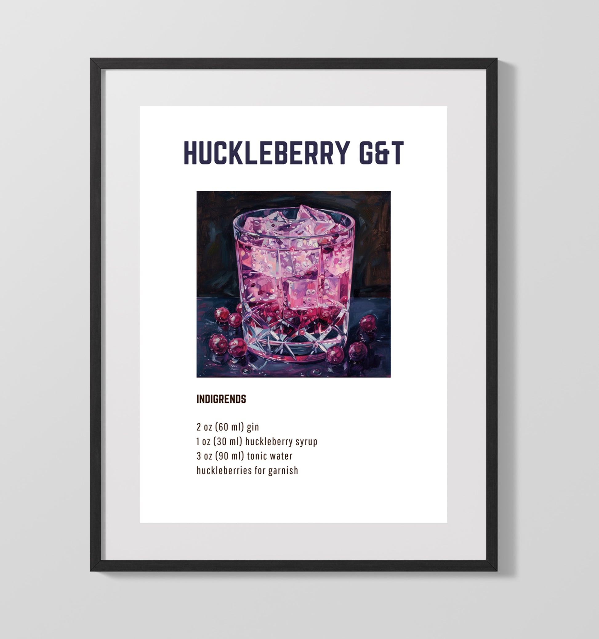 Huckleberry GandT 16x20 Gallery Frame cocktail recipe wall art print – Cocktail Recipies decor