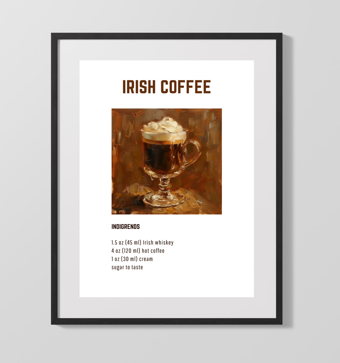 Irish Coffee 16x20 Gallery Frame cocktail recipe wall art print – Cocktail Recipies decor