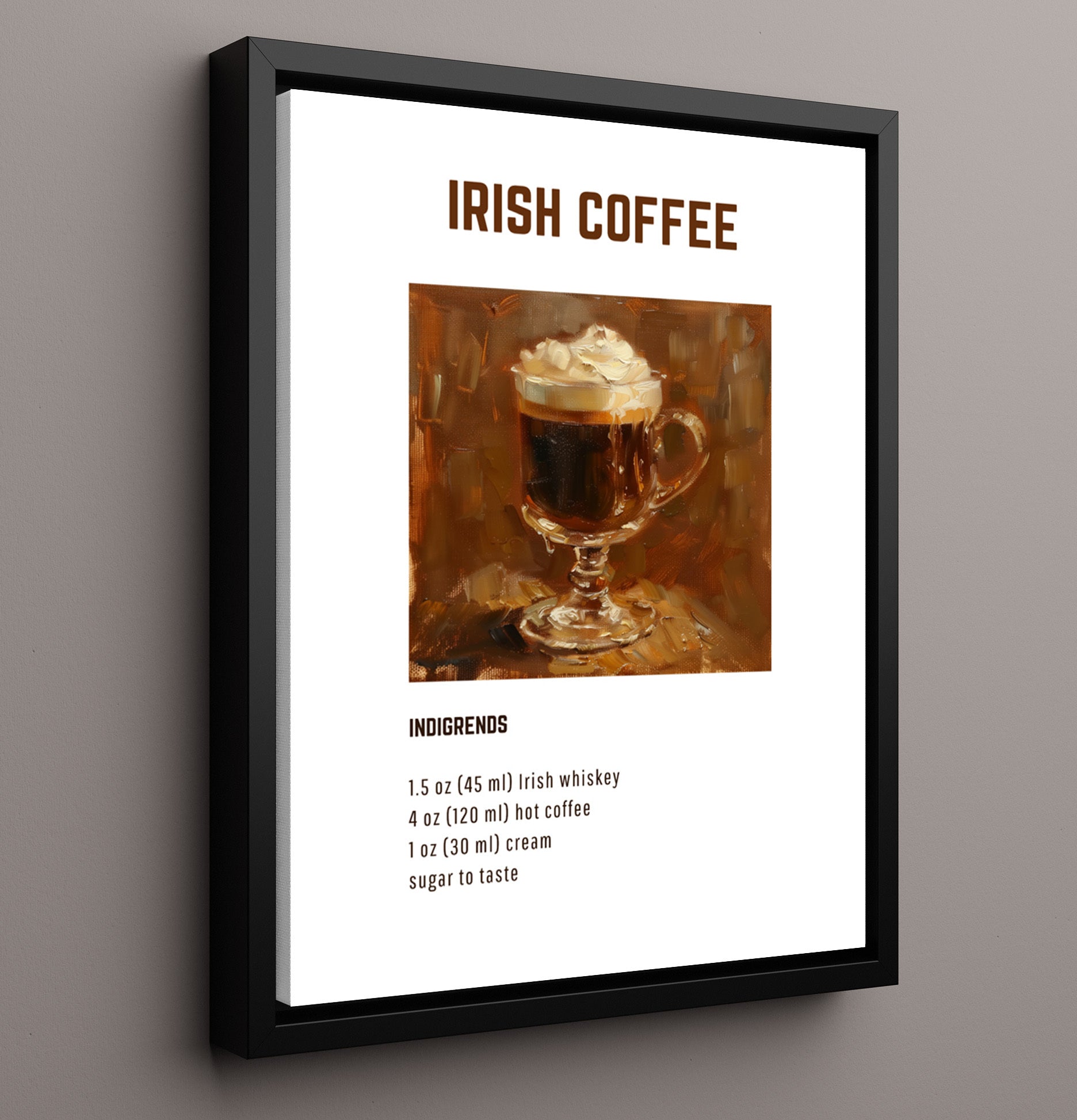 Irish Coffee 16x20 Framed Canvas cocktail recipe wall art print – Cocktail Recipies decor