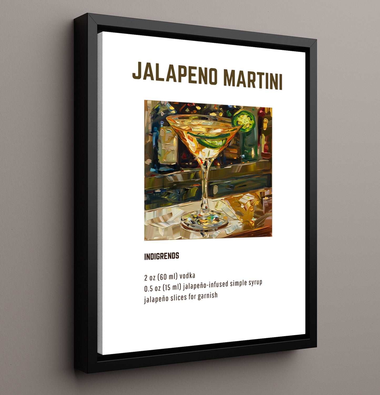 Jalapeno Martini 16x20 Framed Canvas cocktail recipe wall art print – Cocktail Recipies decor