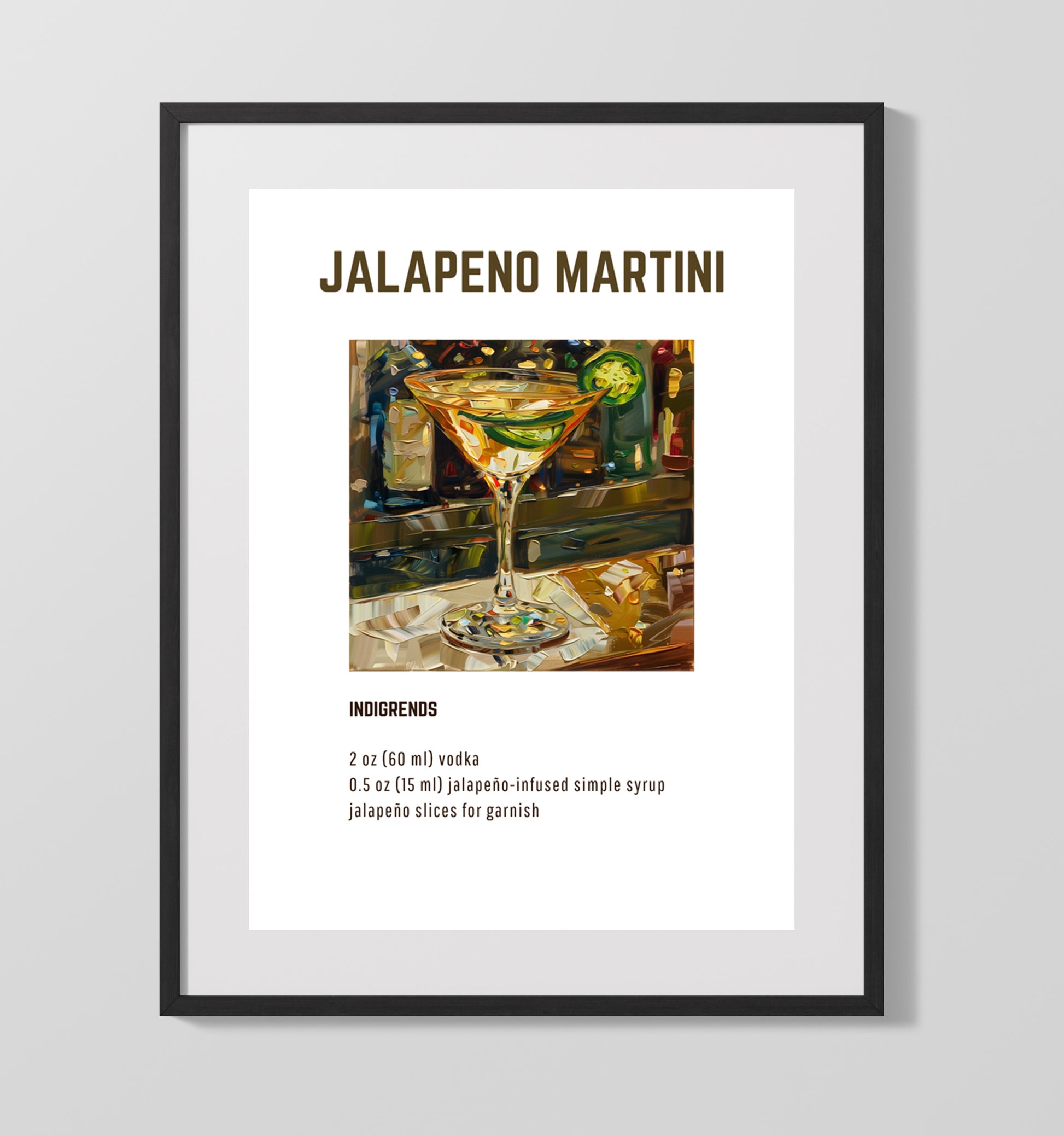 Jalapeno Martini 16x20 Gallery Frame cocktail recipe wall art print – Cocktail Recipies decor
