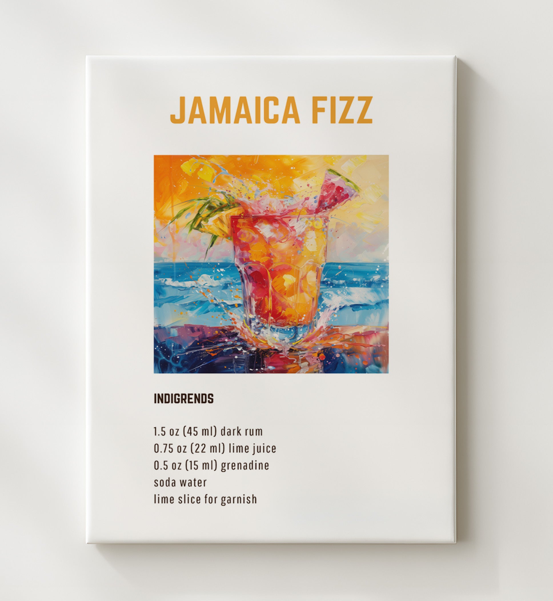 Jamaica Fizz 20x24 Canvas cocktail recipe wall art print – Cocktail Recipies decor