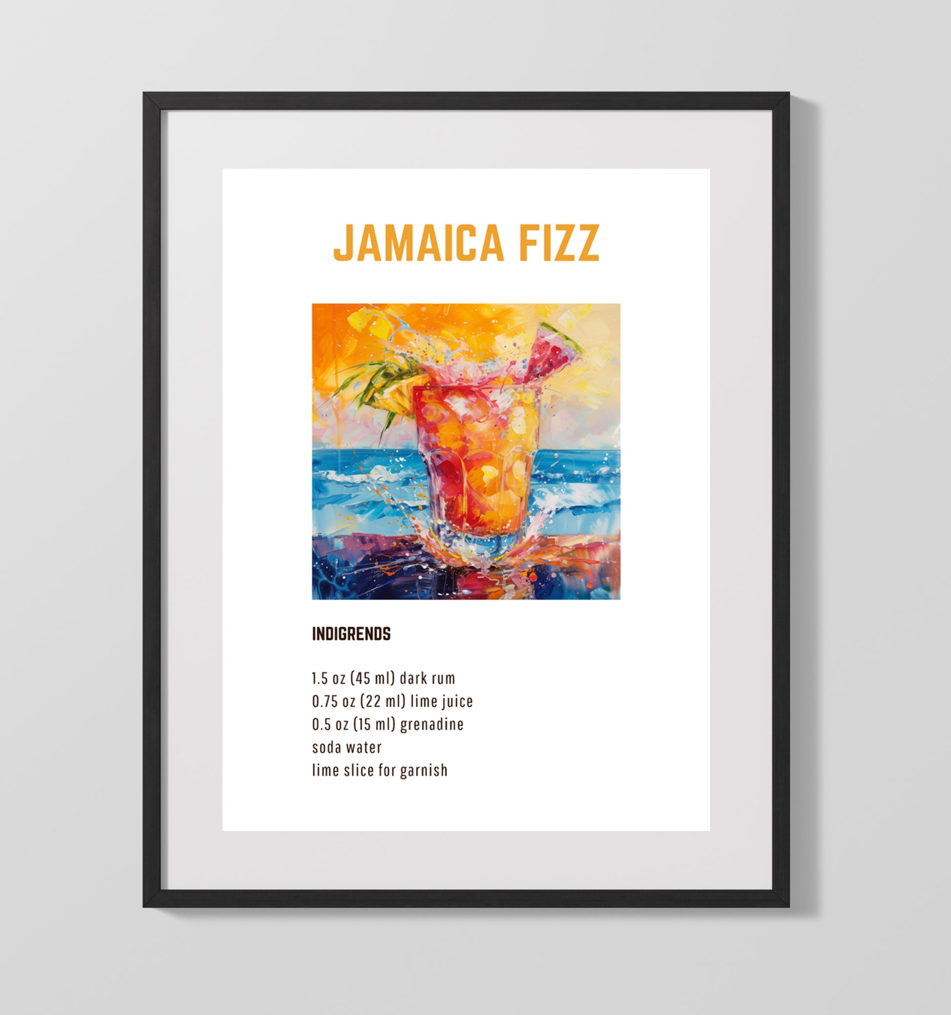 Jamaica Fizz 16x20 Gallery Frame cocktail recipe wall art print – Cocktail Recipies decor