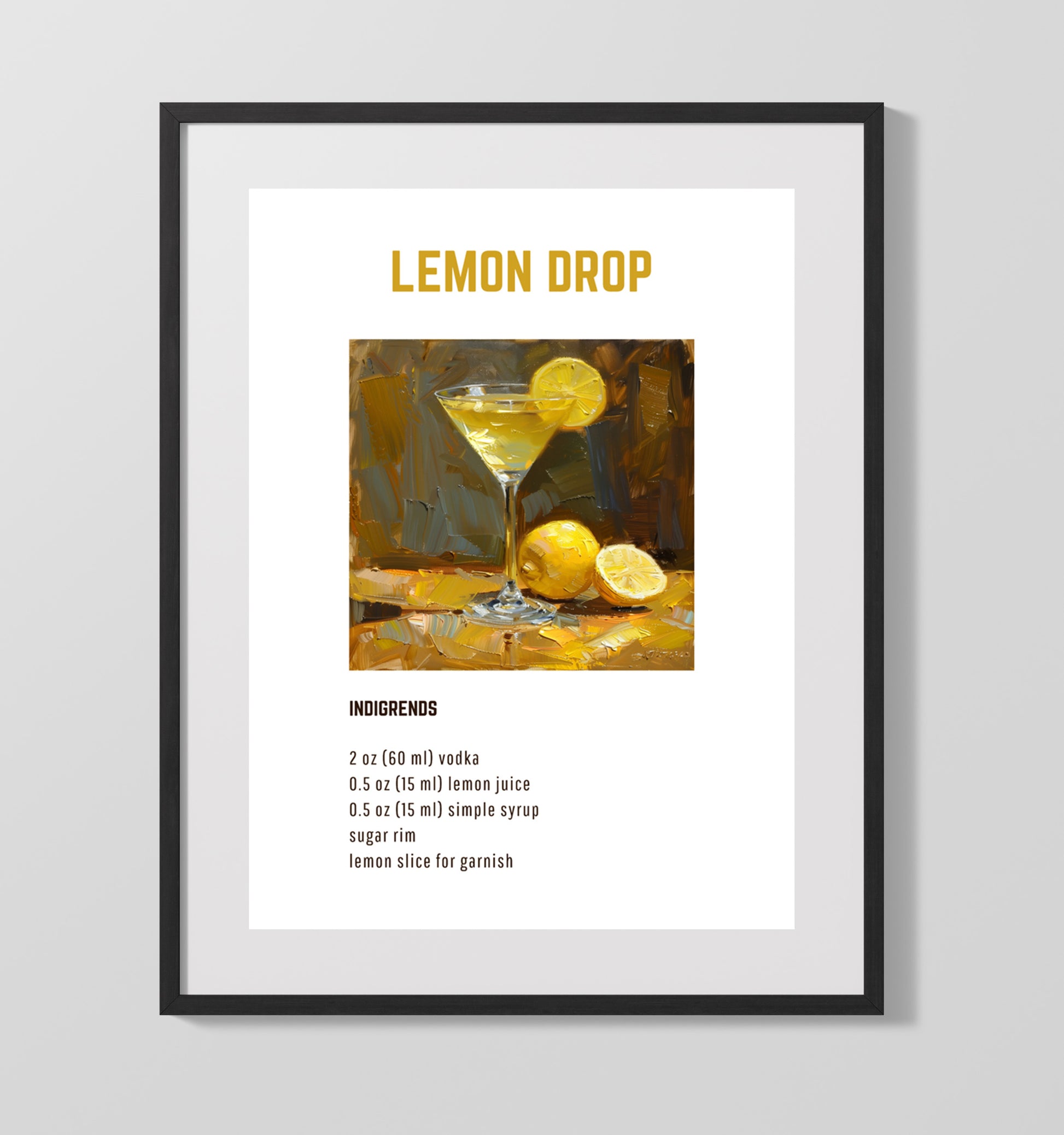 Lemon Drop 16x20 Gallery Frame cocktail recipe wall art print – Cocktail Recipies decor