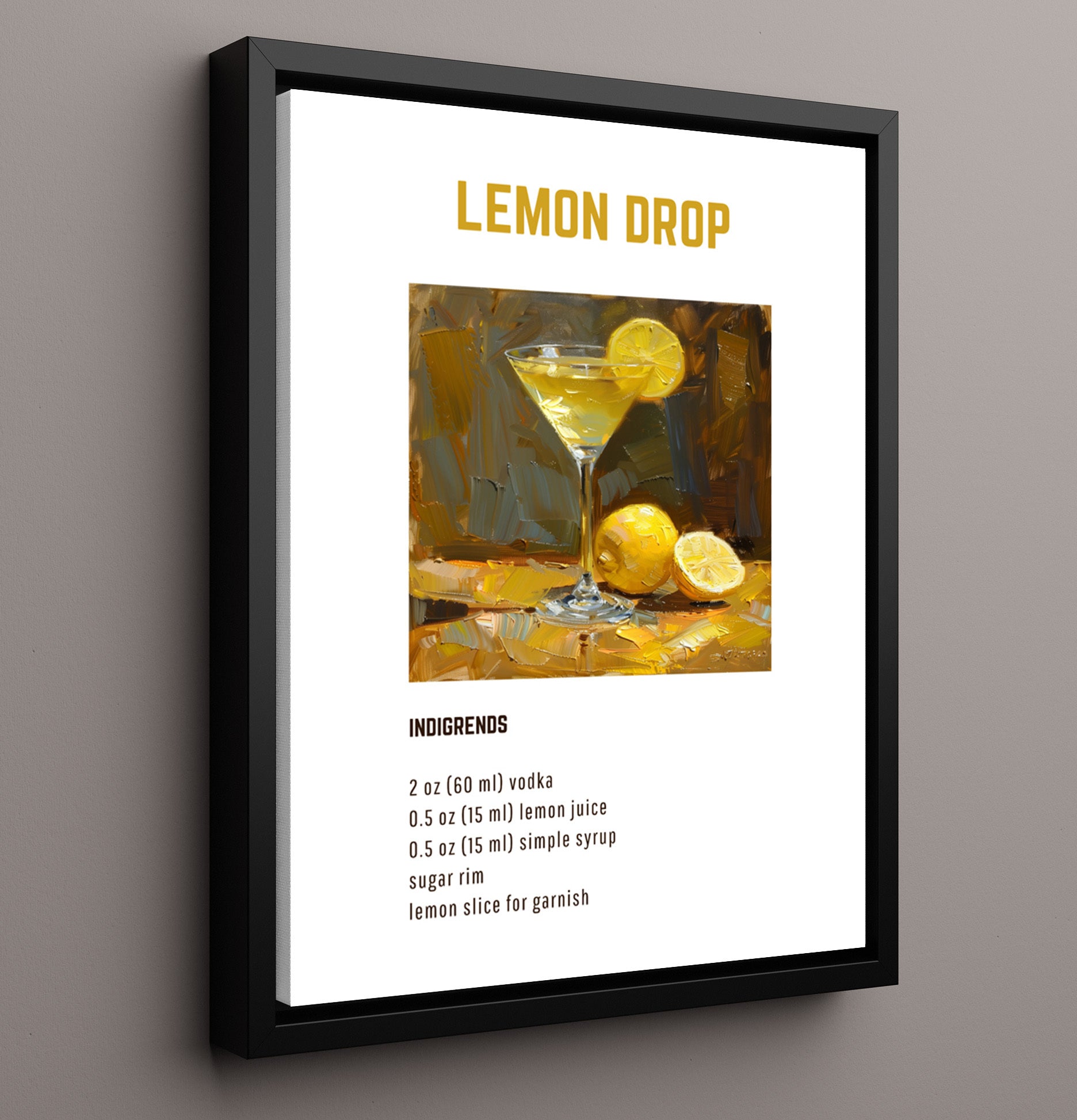 Lemon Drop 16x20 Framed Canvas cocktail recipe wall art print – Cocktail Recipies decor