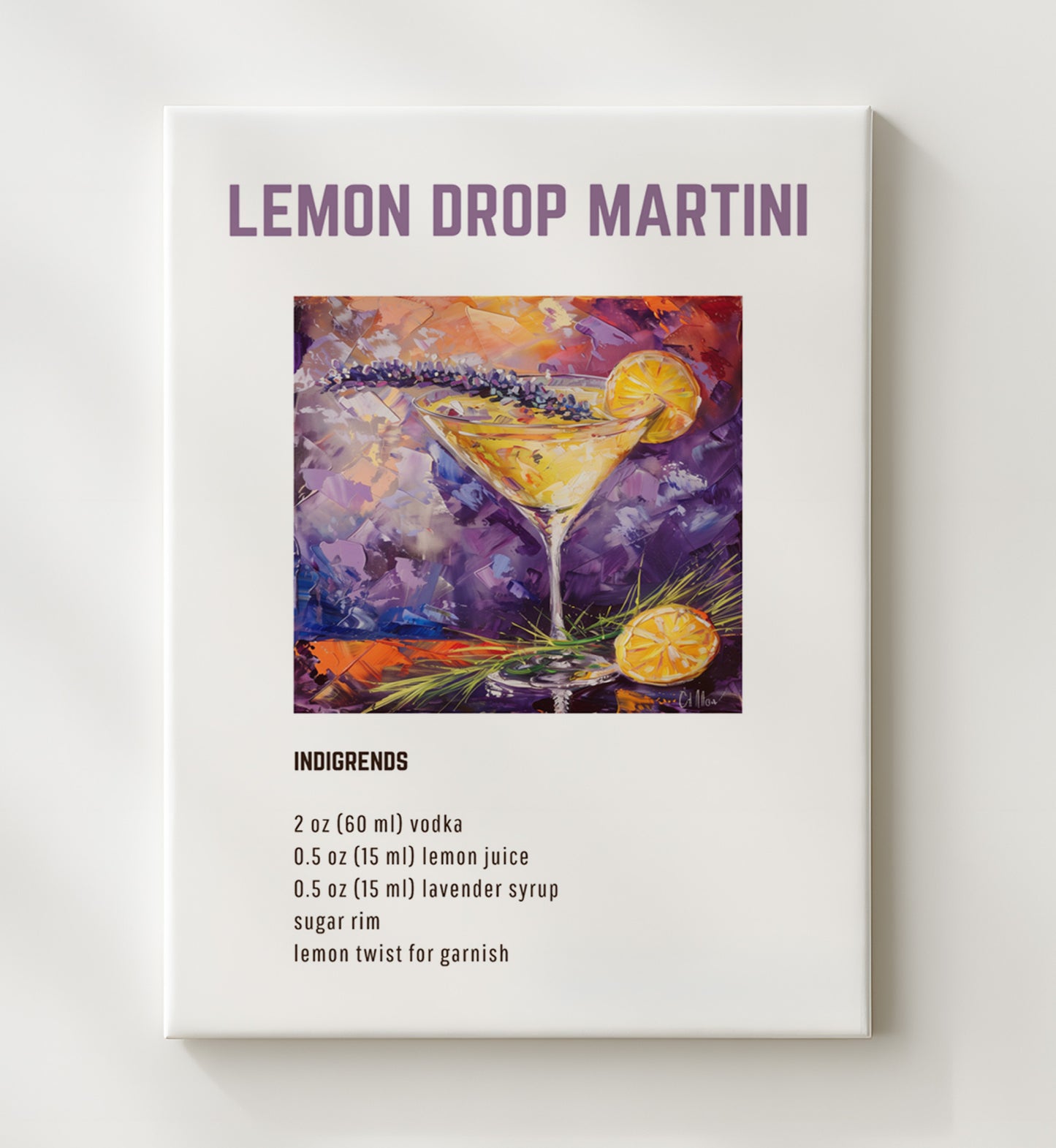 Lemon Drop Martini 20x24 Canvas cocktail recipe wall art print – Cocktail Recipies decor