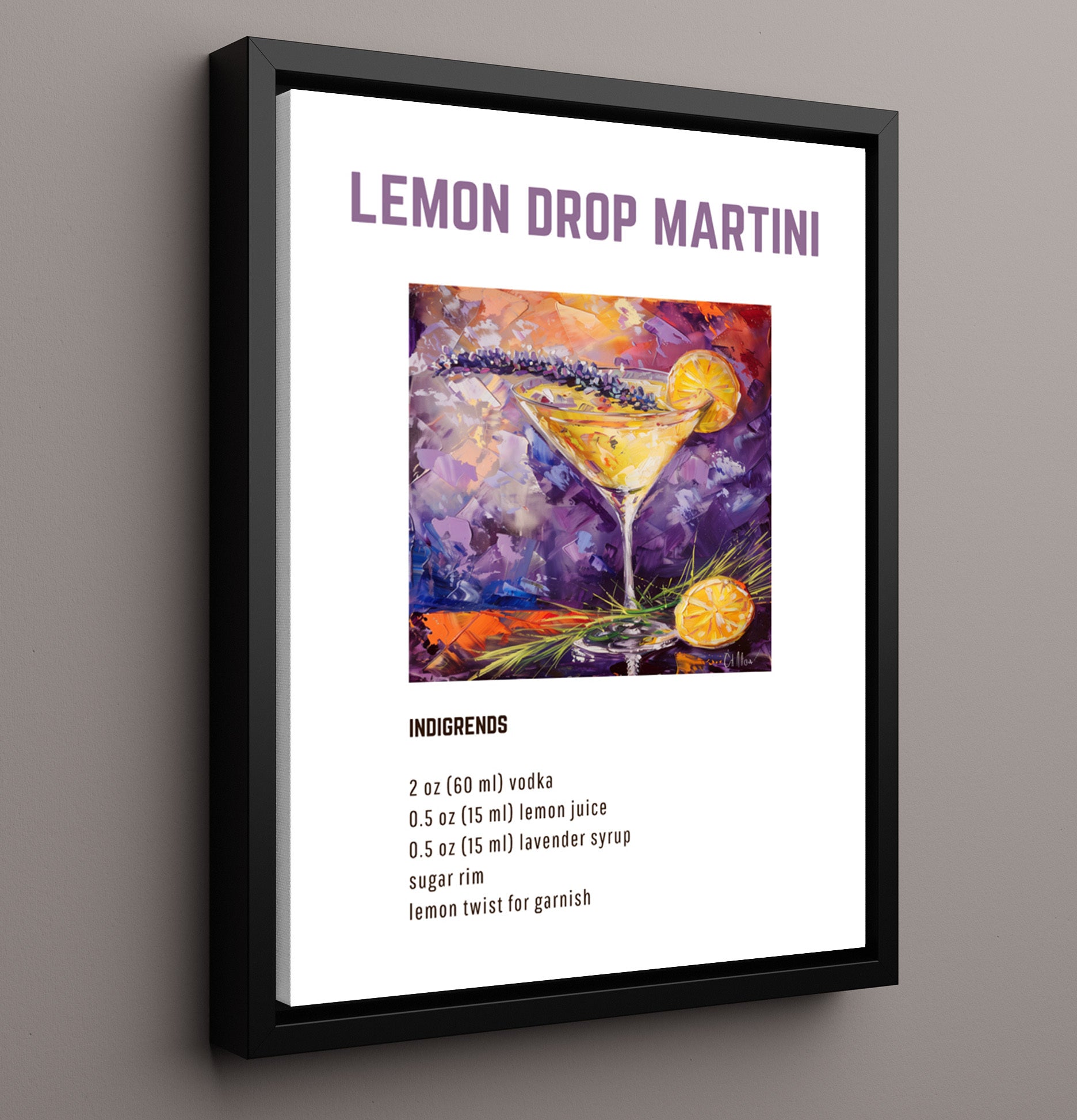 Lemon Drop Martini 16x20 Framed Canvas cocktail recipe wall art print – Cocktail Recipies decor