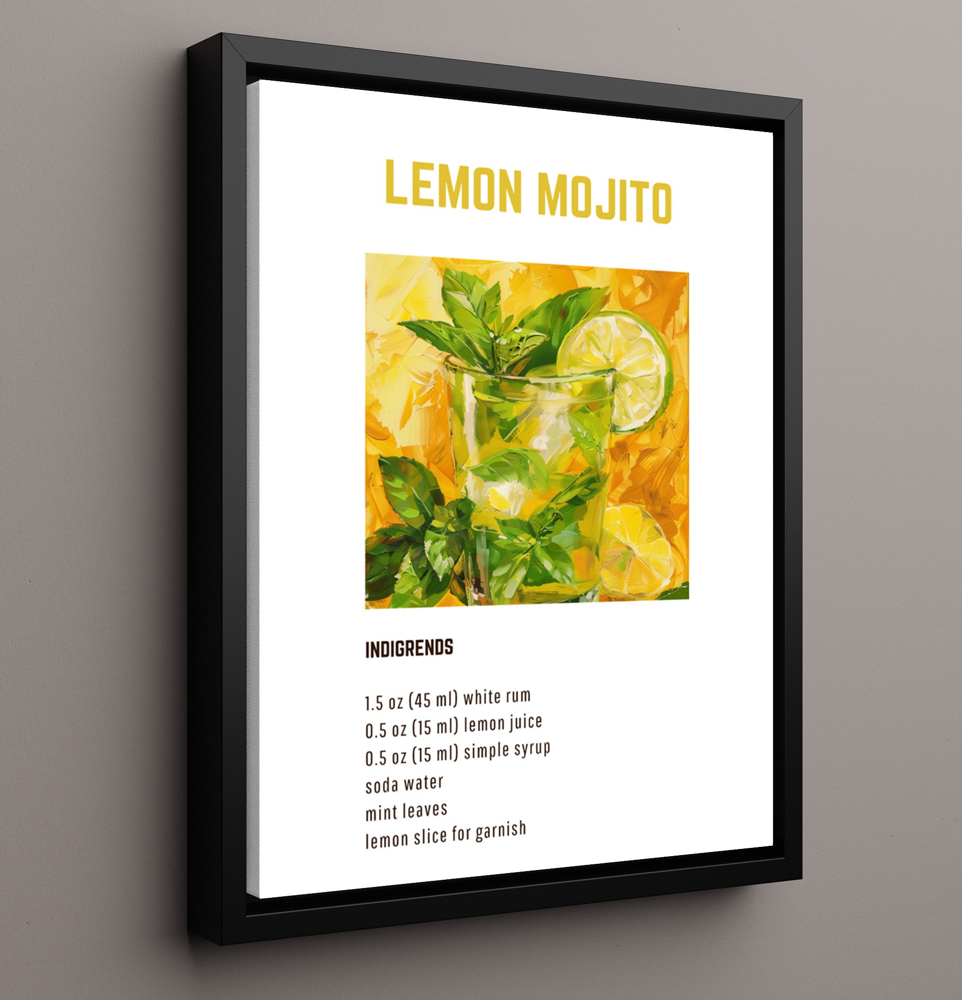 Lemon Mojito 16x20 Framed Canvas cocktail recipe wall art print – Cocktail Recipies decor