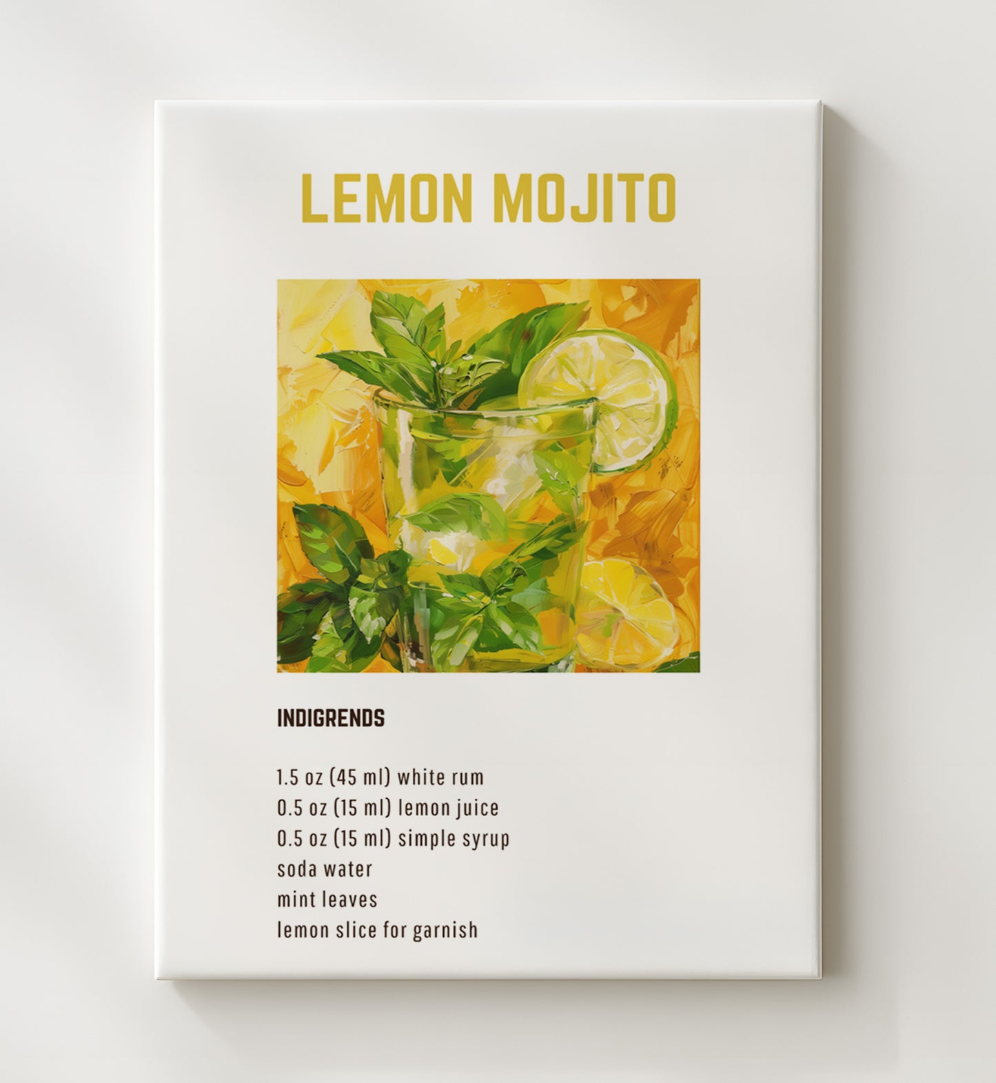 Lemon Mojito 20x24 Canvas cocktail recipe wall art print – Cocktail Recipies decor
