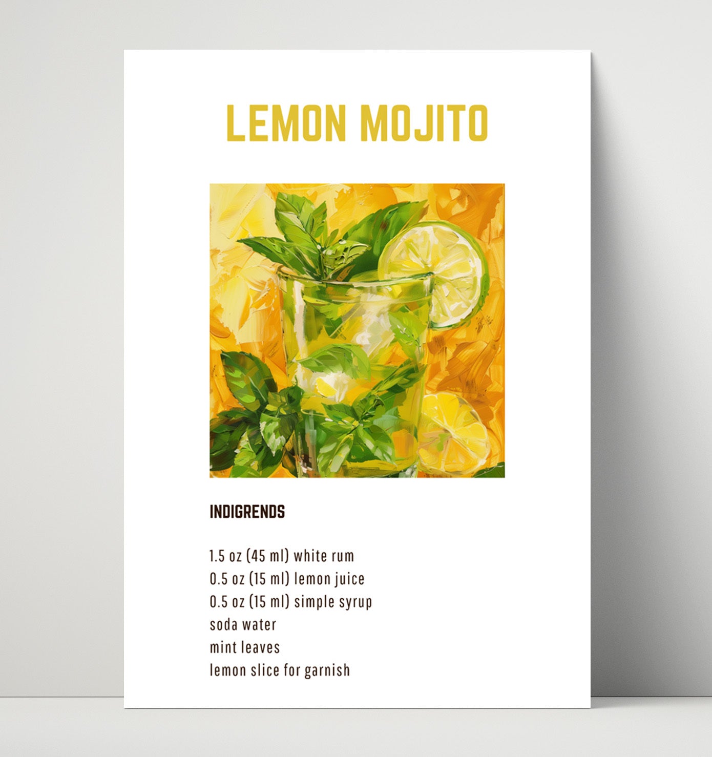 Lemon Mojito 16x20 Unframed Print cocktail recipe wall art print – Cocktail Recipies decor