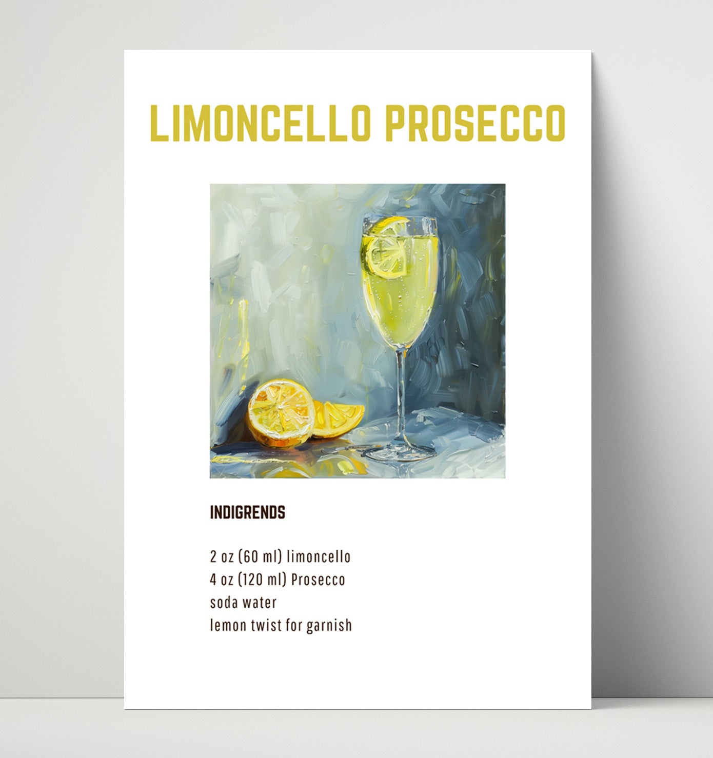 Limoncello Prosecco 16x20 Unframed Print cocktail recipe wall art print – Cocktail Recipies decor