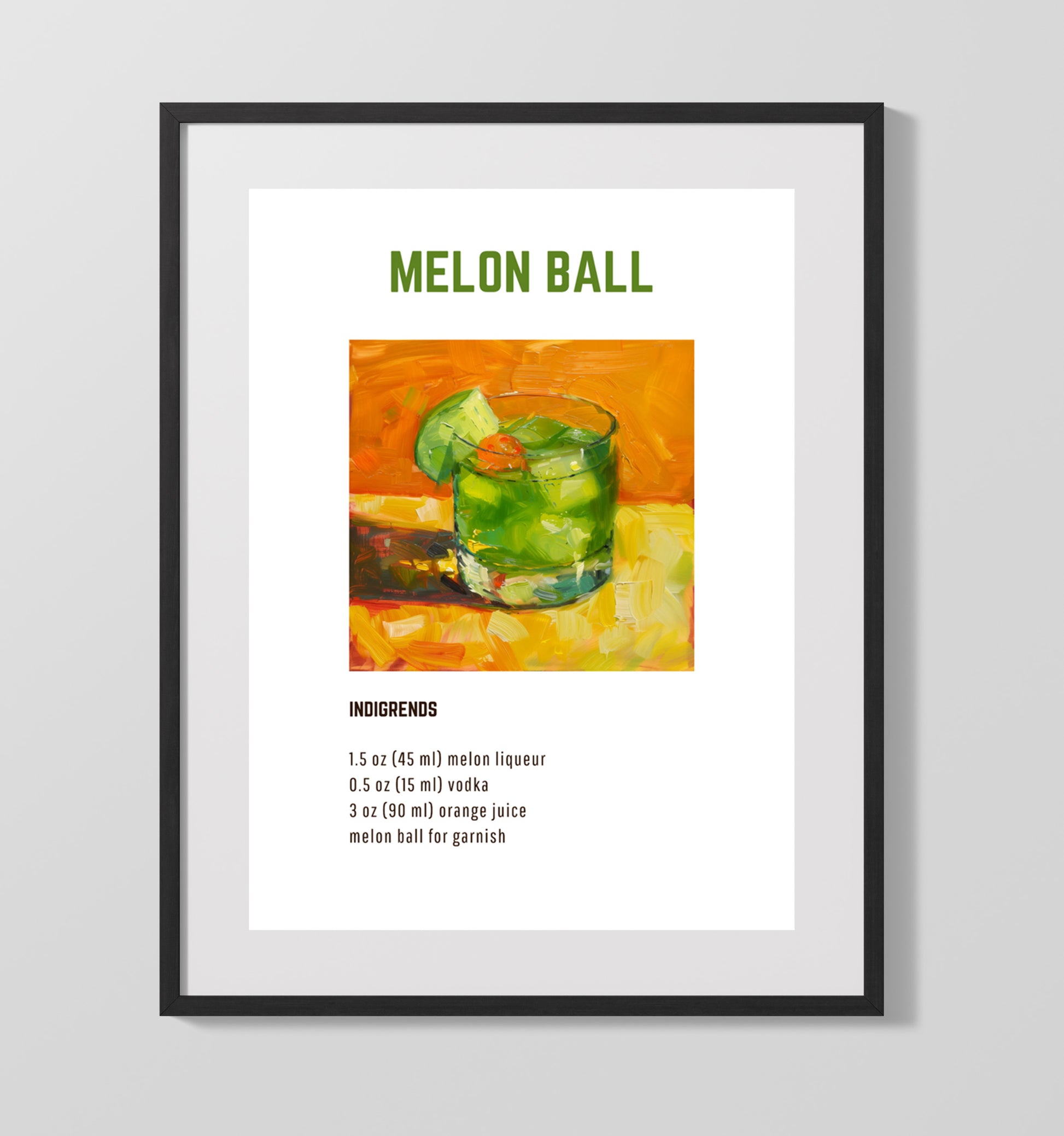 Melon Ball 16x20 Gallery Frame cocktail recipe wall art print – Cocktail Recipies decor