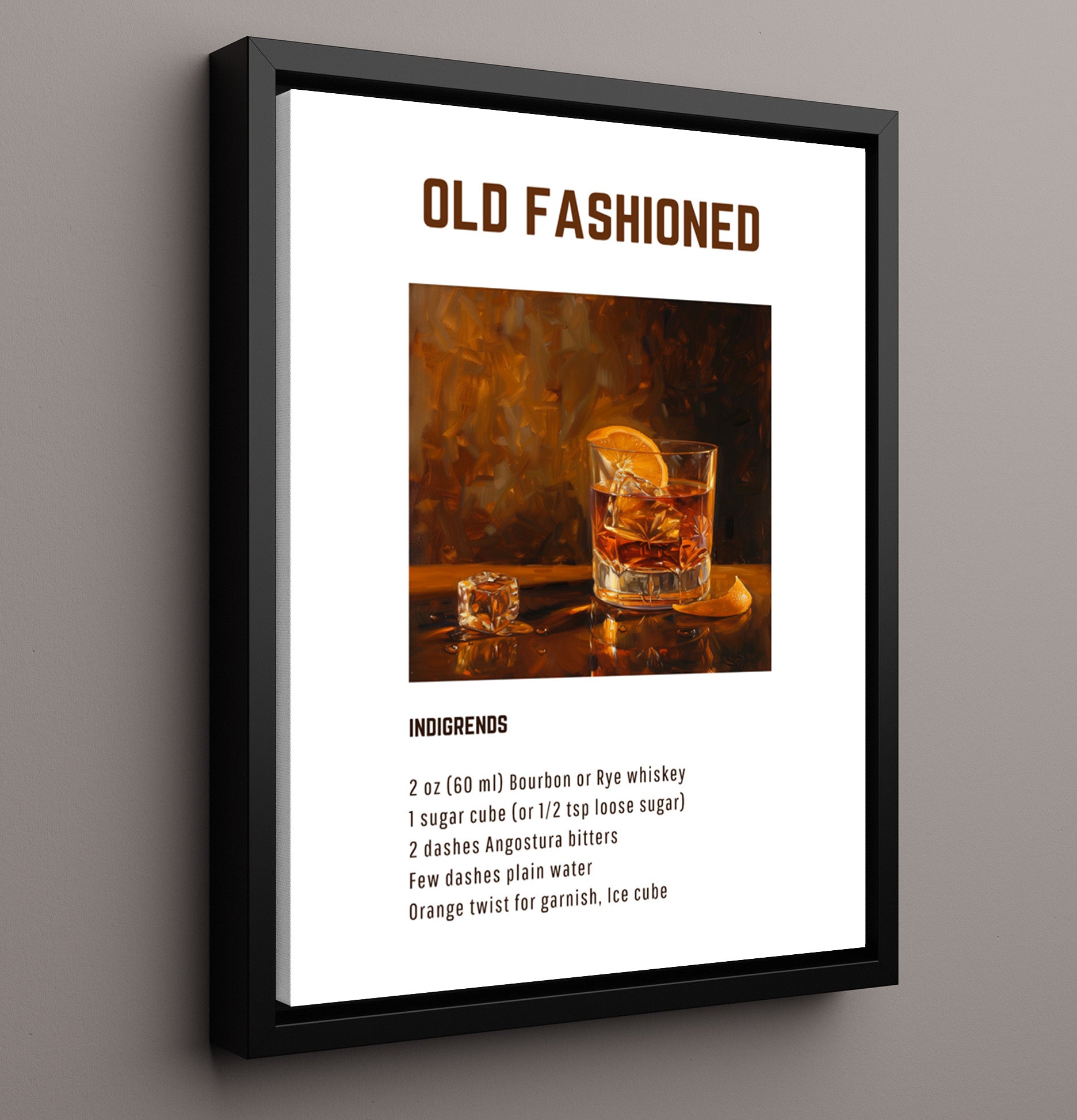 Old Fashioned 16x20 Framed Canvas cocktail recipe wall art print – Cocktail Recipies decor
