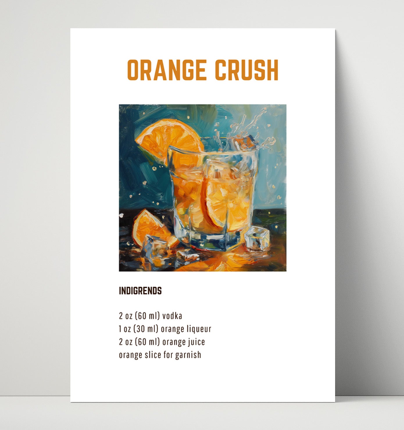 Orange Crush 16x20 Unframed Print cocktail recipe wall art print – Cocktail Recipies decor