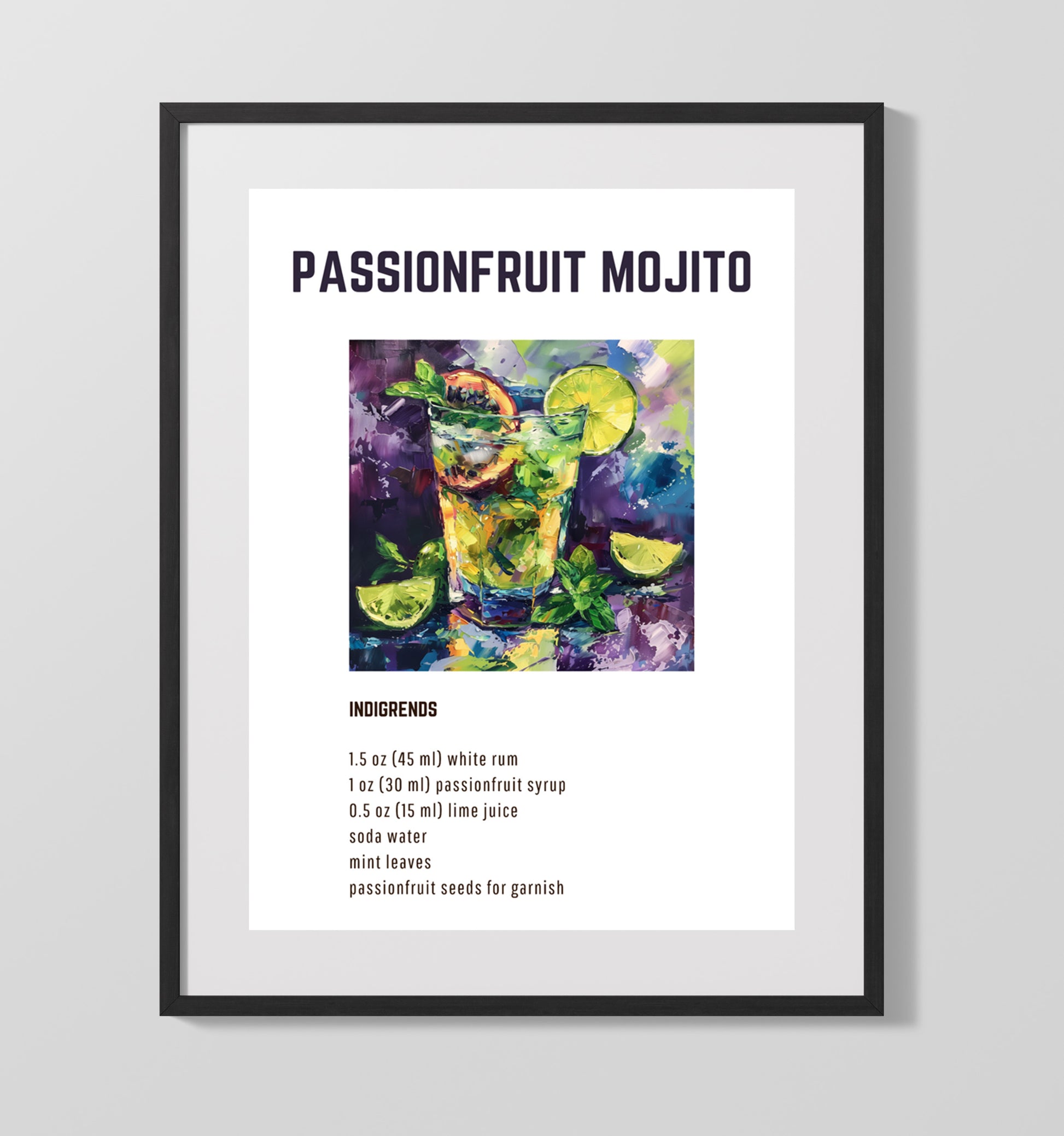 Passionfruit Mojito 16x20 Gallery Frame cocktail recipe wall art print – Cocktail Recipies decor