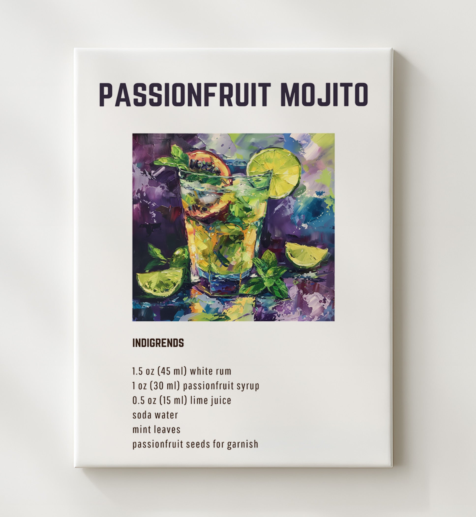 Passionfruit Mojito 20x24 Canvas cocktail recipe wall art print – Cocktail Recipies decor