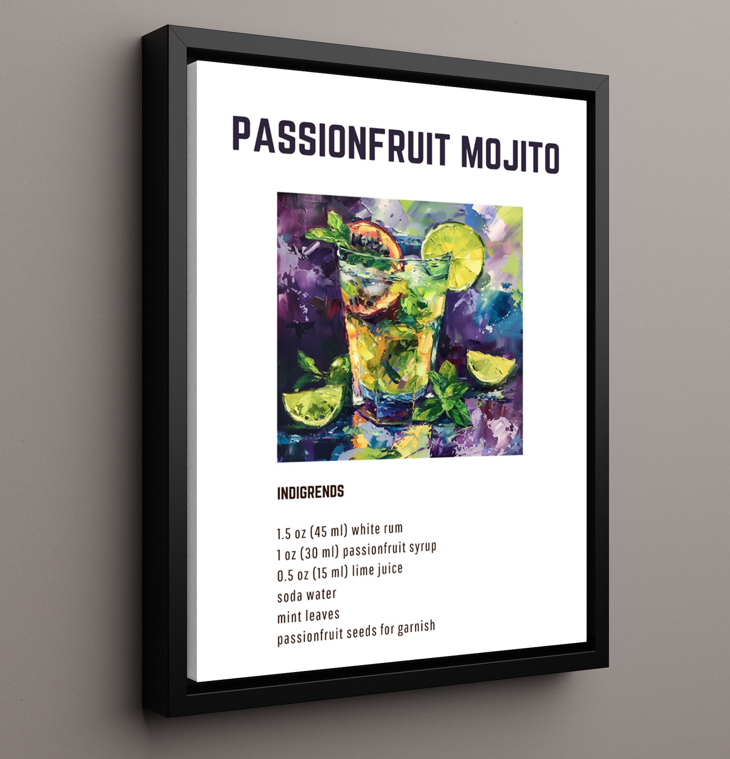 Passionfruit Mojito 16x20 Framed Canvas cocktail recipe wall art print – Cocktail Recipies decor