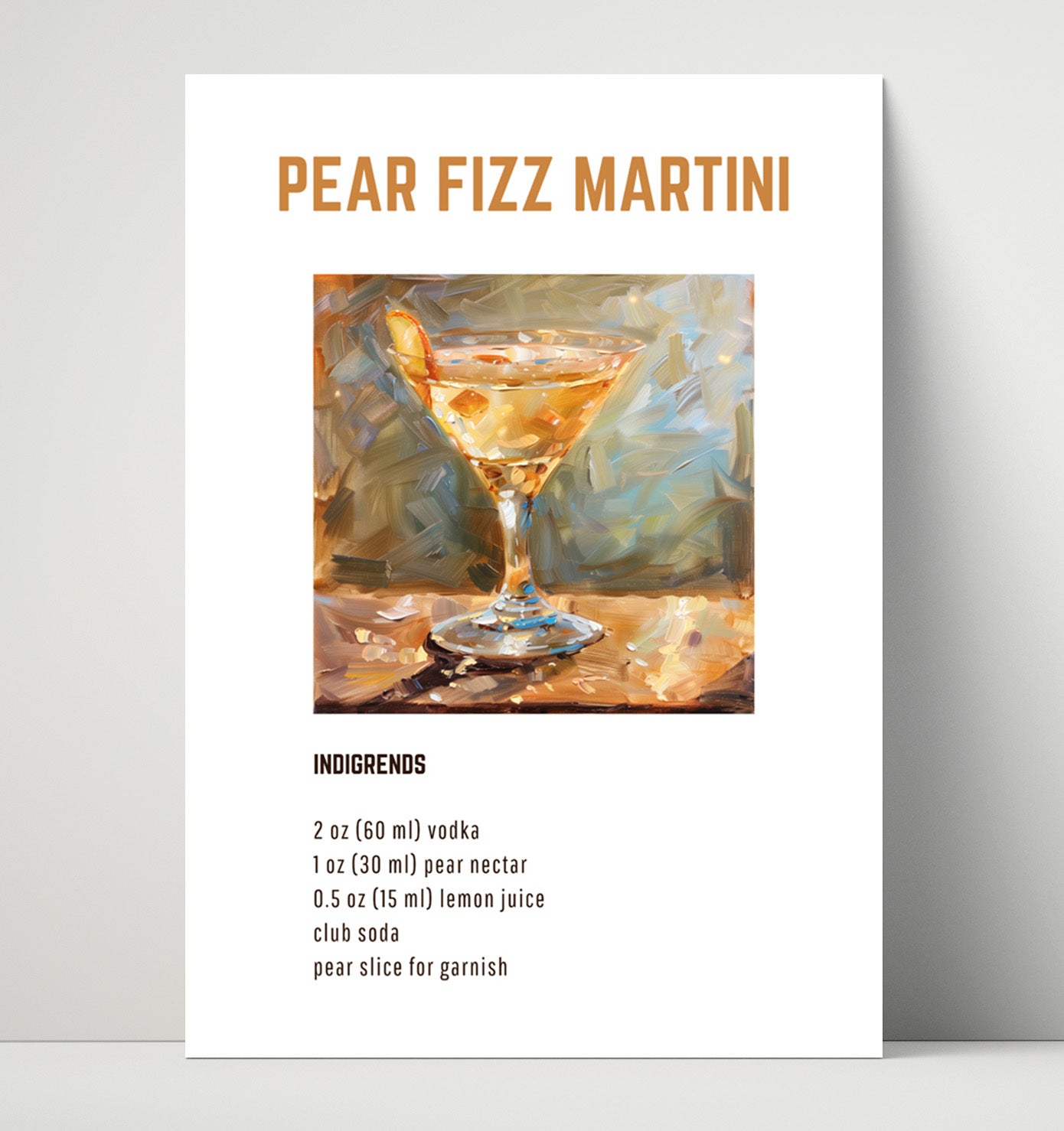 Pear Fizz Martini 16x20 Unframed Print cocktail recipe wall art print – Cocktail Recipies decor