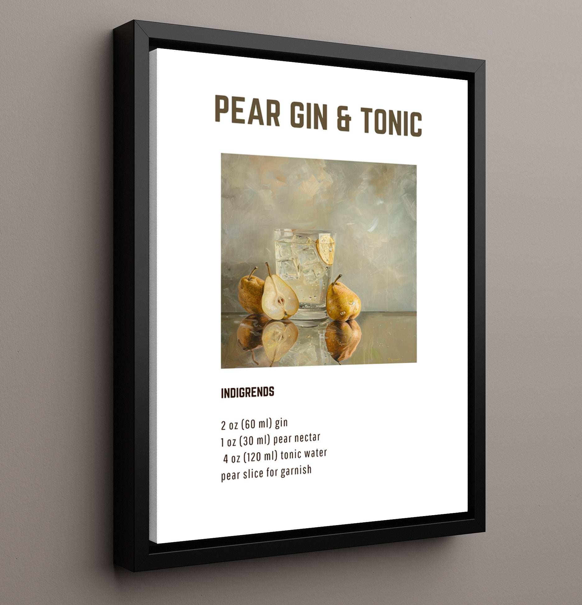 Pear Gin and Tonic 16x20 Framed Canvas cocktail recipe wall art print – Cocktail Recipies decor