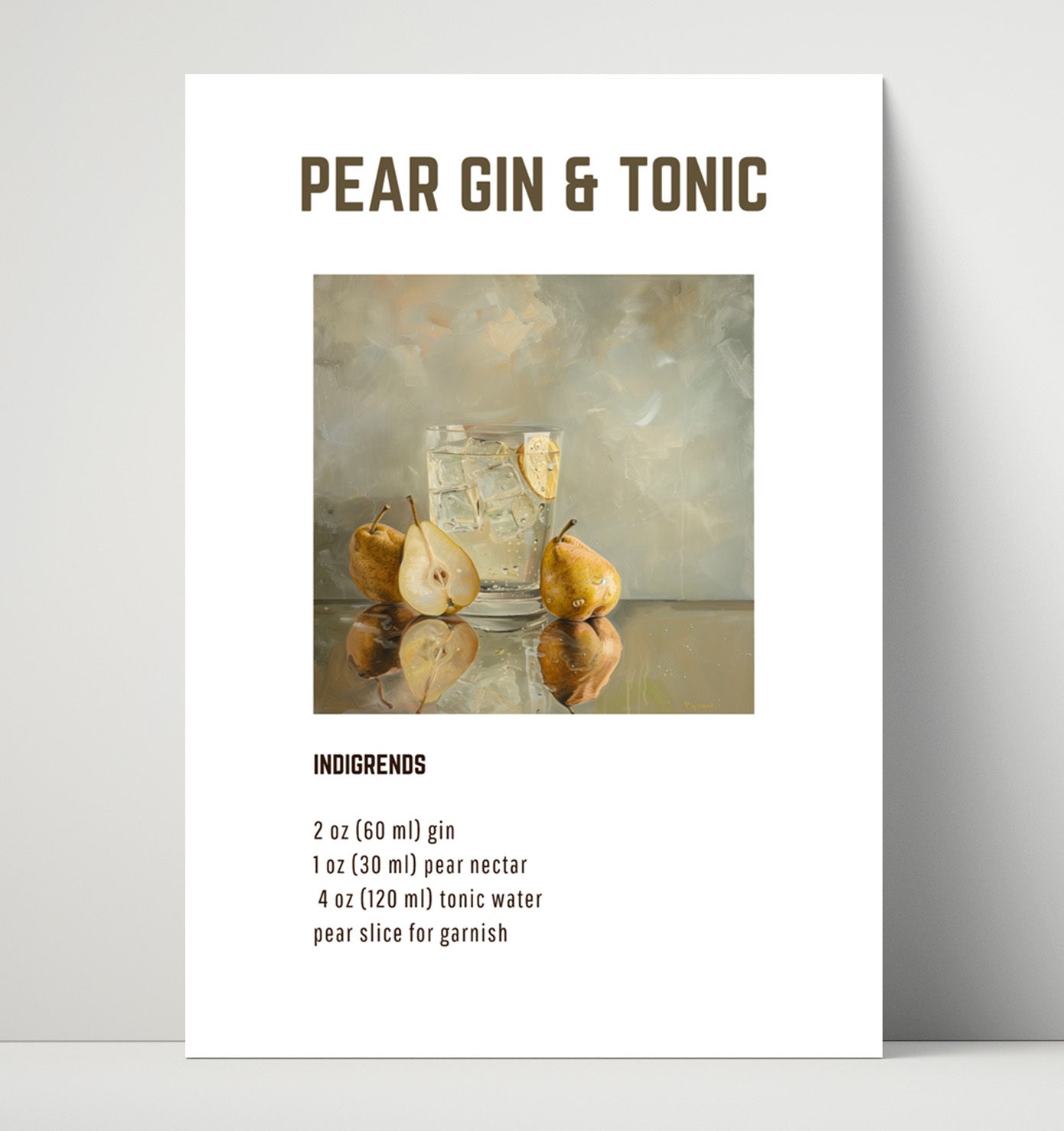 Pear Gin and Tonic 16x20 Unframed Print cocktail recipe wall art print – Cocktail Recipies decor