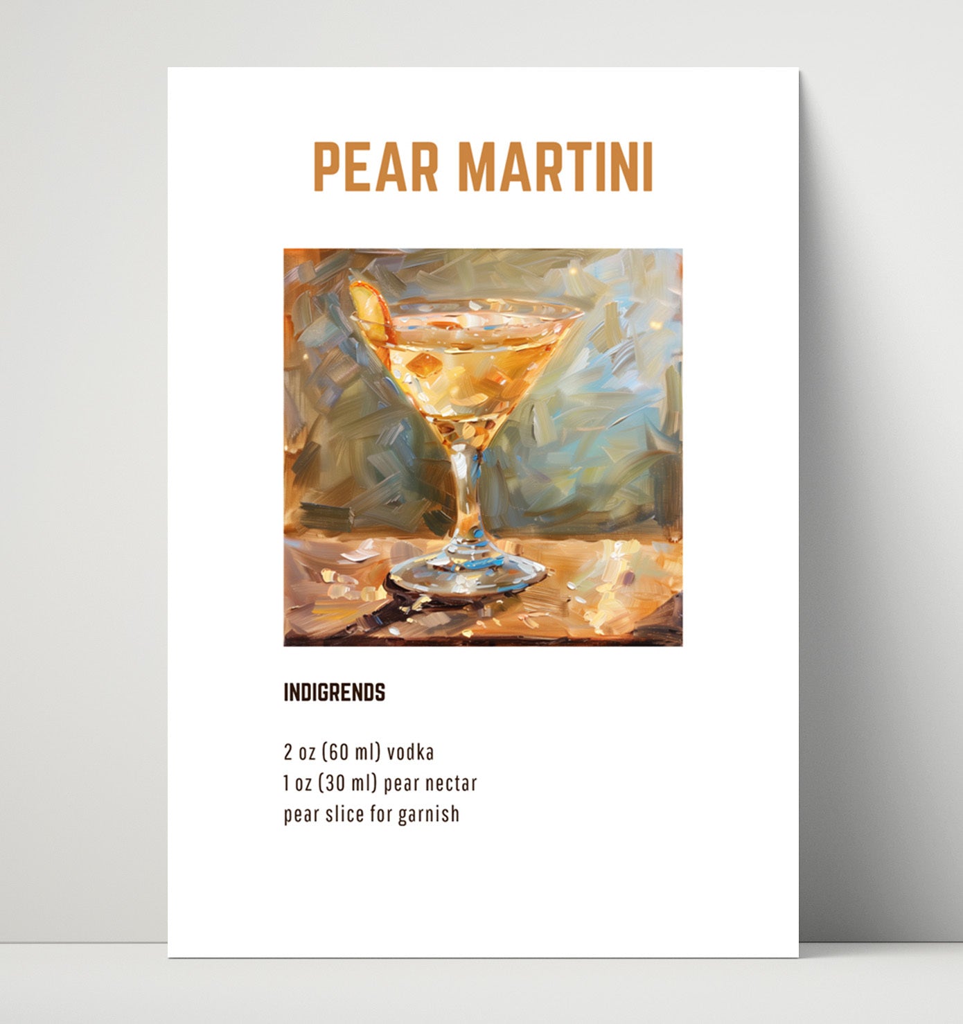 Pear Martini 16x20 Unframed Print cocktail recipe wall art print – Cocktail Recipies decor