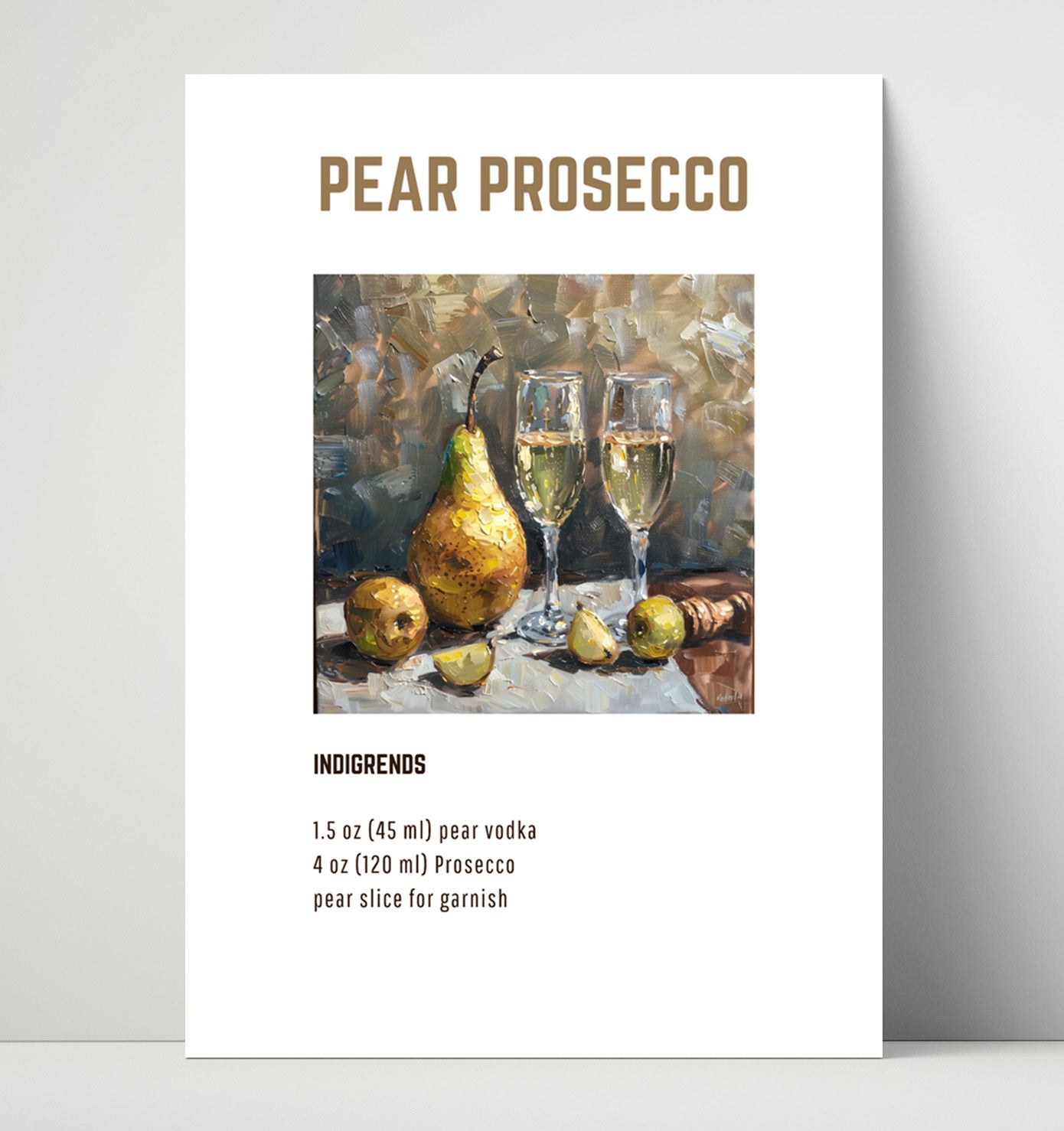 Pear Prosecco 16x20 Unframed Print cocktail recipe wall art print – Cocktail Recipies decor