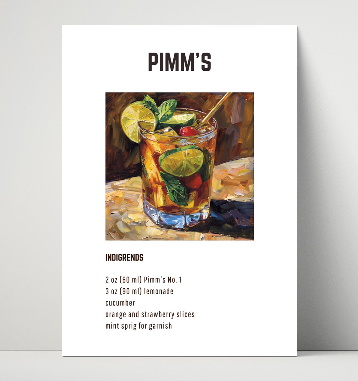Pimms 16x20 Unframed Print cocktail recipe wall art print – Cocktail Recipies decor