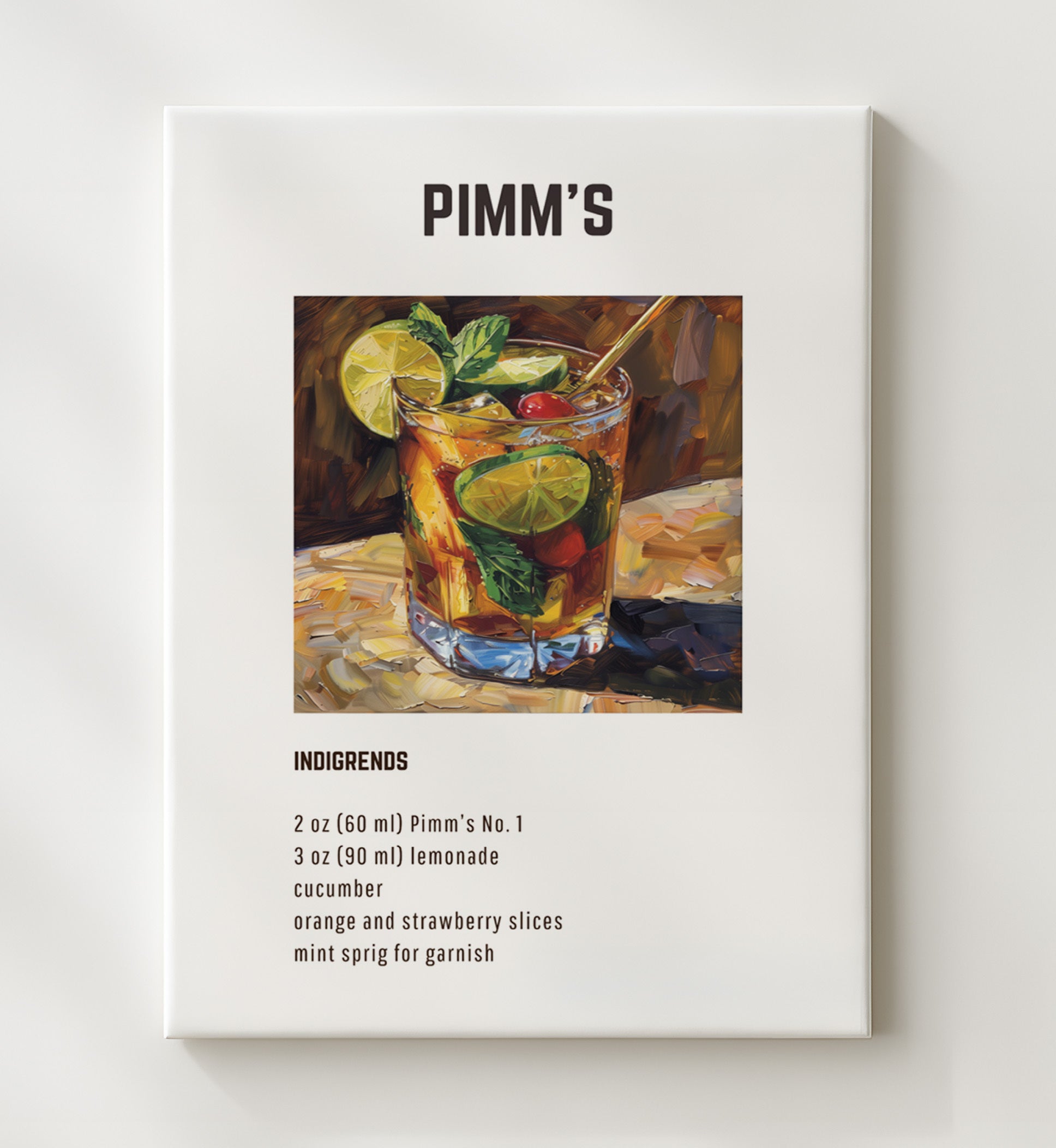 Pimms 20x24 Canvas cocktail recipe wall art print – Cocktail Recipies decor