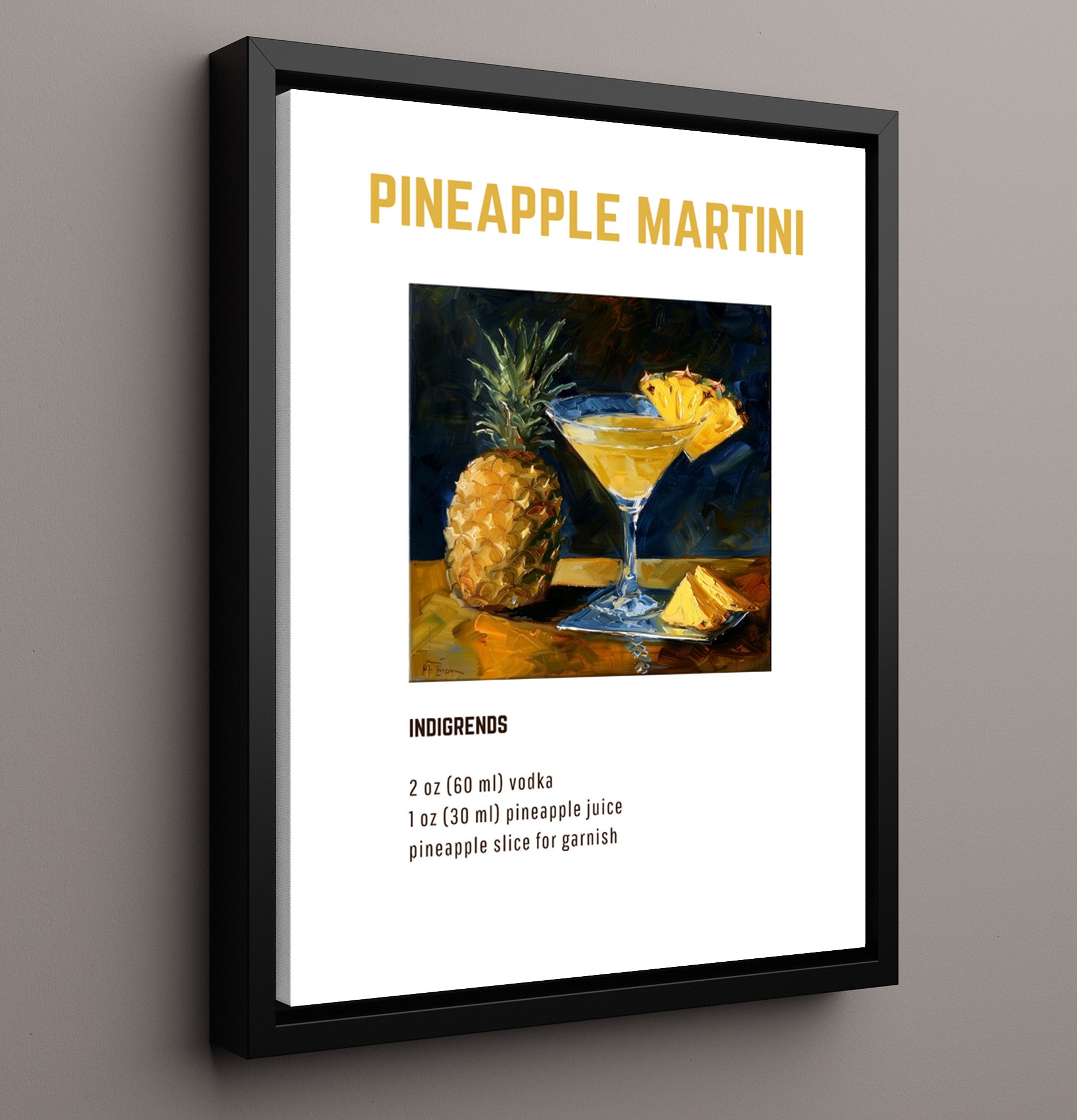 Pineapple Martini 16x20 Framed Canvas cocktail recipe wall art print – Cocktail Recipies decor