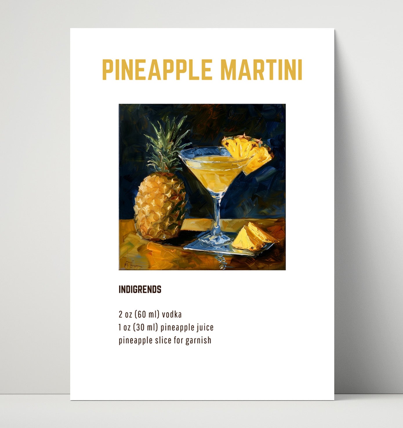 Pineapple Martini 16x20 Unframed Print cocktail recipe wall art print – Cocktail Recipies decor