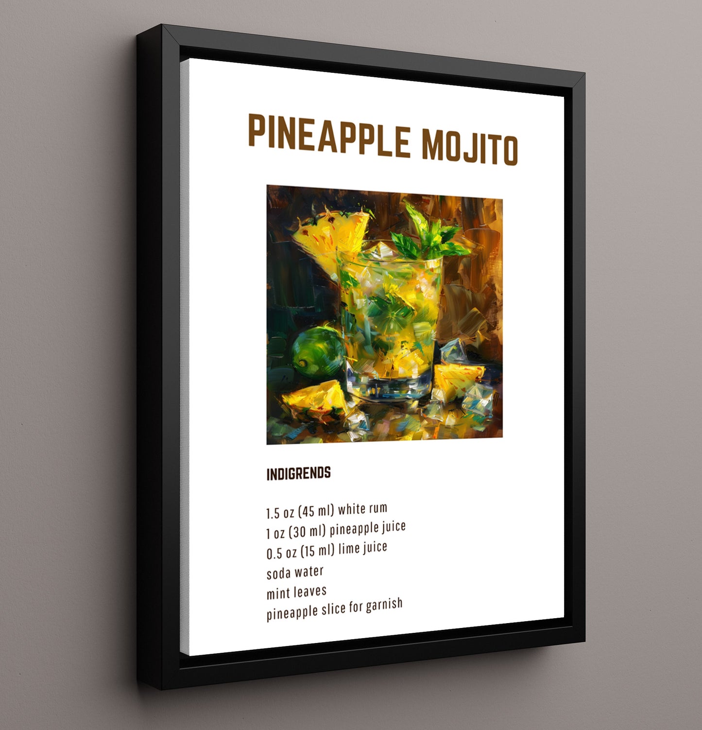 Pineapple Mojito 16x20 Framed Canvas cocktail recipe wall art print – Cocktail Recipies decor