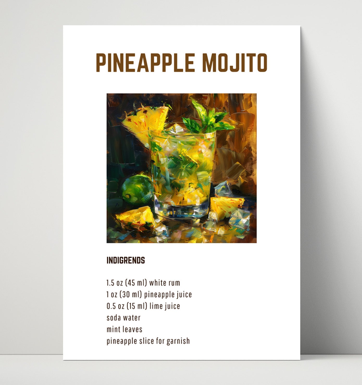 Pineapple Mojito 16x20 Unframed Print cocktail recipe wall art print – Cocktail Recipies decor