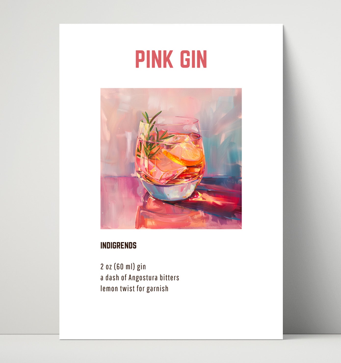 Pink Gin 16x20 Unframed Print cocktail recipe wall art print – Cocktail Recipies decor