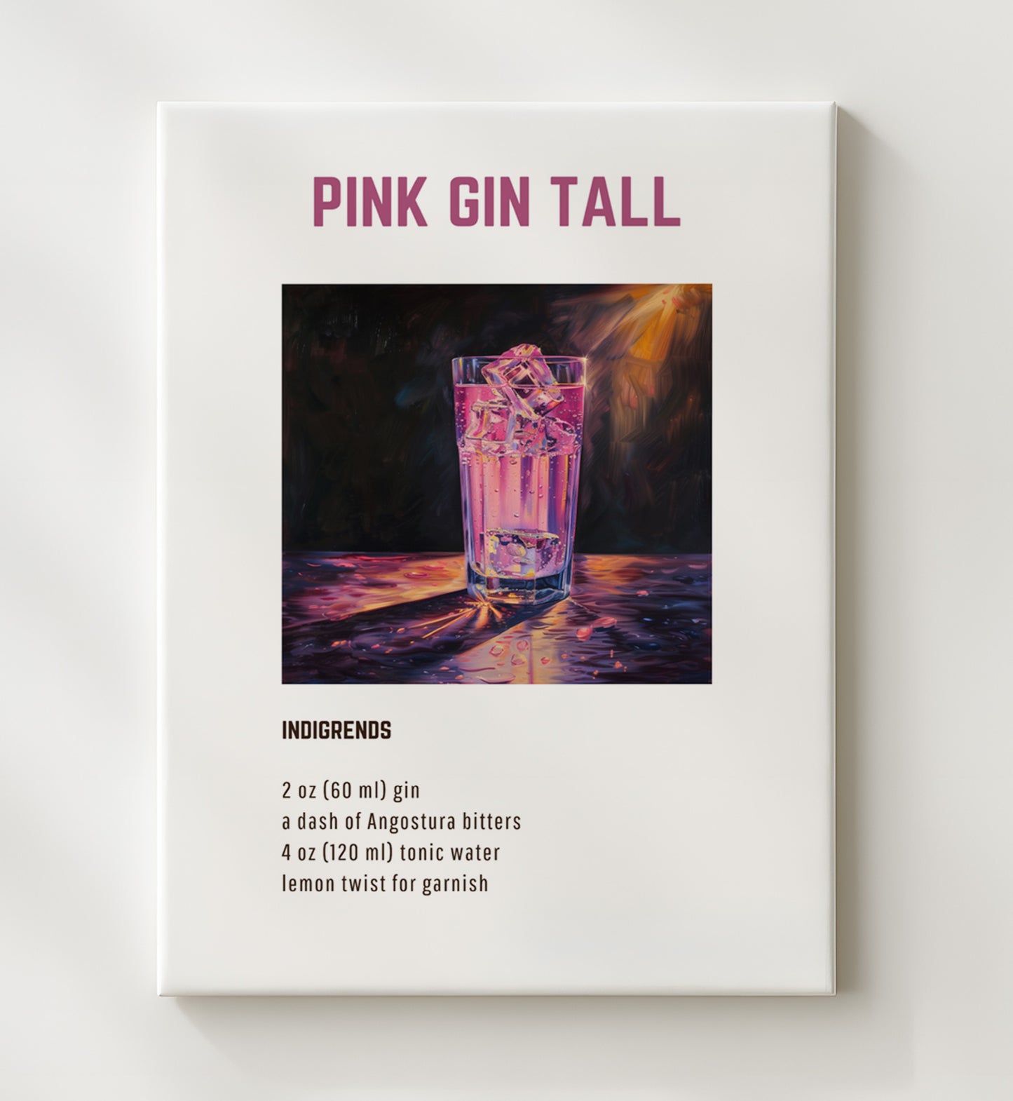 Pink Gin Tall 20x24 Canvas cocktail recipe wall art print – Cocktail Recipies decor