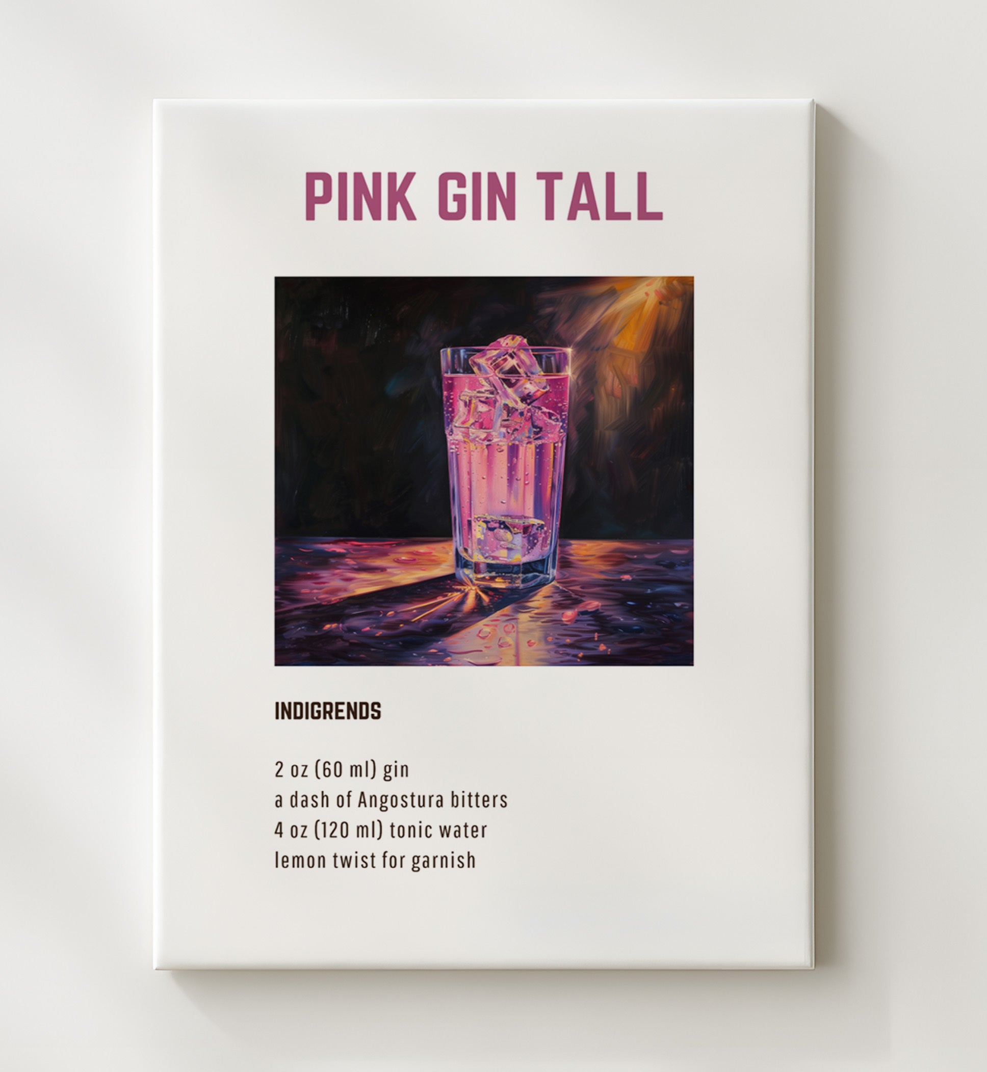 Pink Gin Tall 20x24 Canvas cocktail recipe wall art print – Cocktail Recipies decor