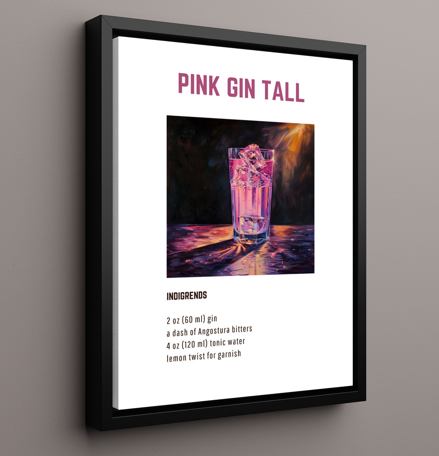Pink Gin Tall 16x20 Framed Canvas cocktail recipe wall art print – Cocktail Recipies decor