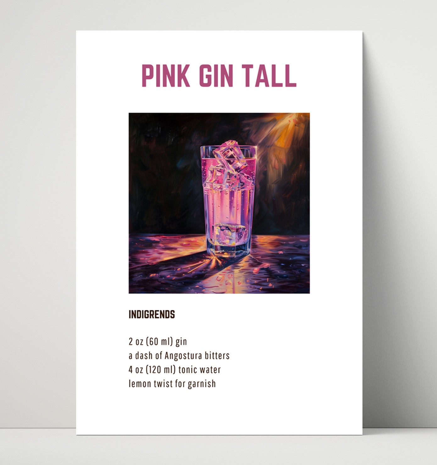 Pink Gin Tall 16x20 Unframed Print cocktail recipe wall art print – Cocktail Recipies decor