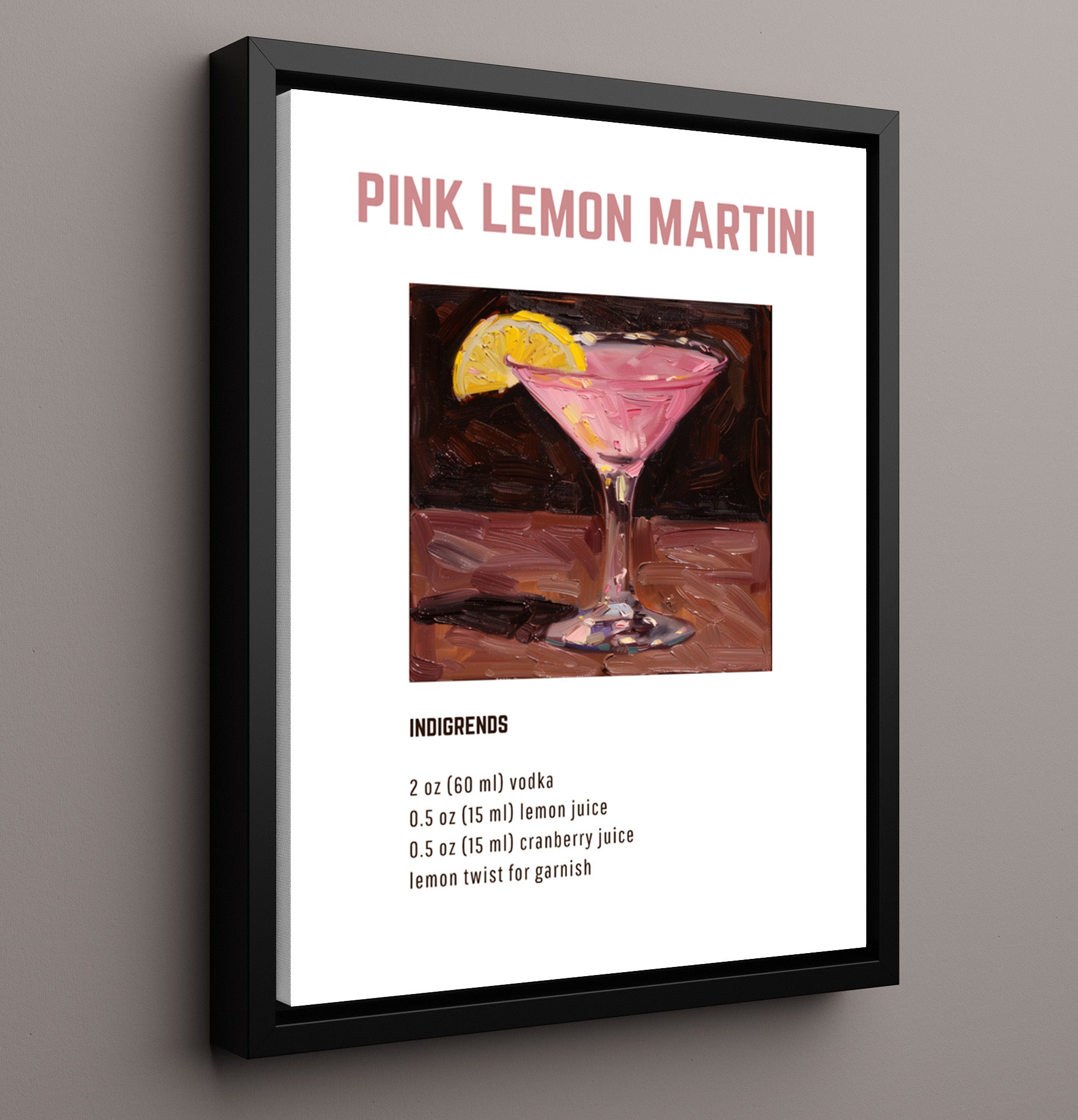 Pink Lemon Martini 16x20 Framed Canvas cocktail recipe wall art print – Cocktail Recipies decor