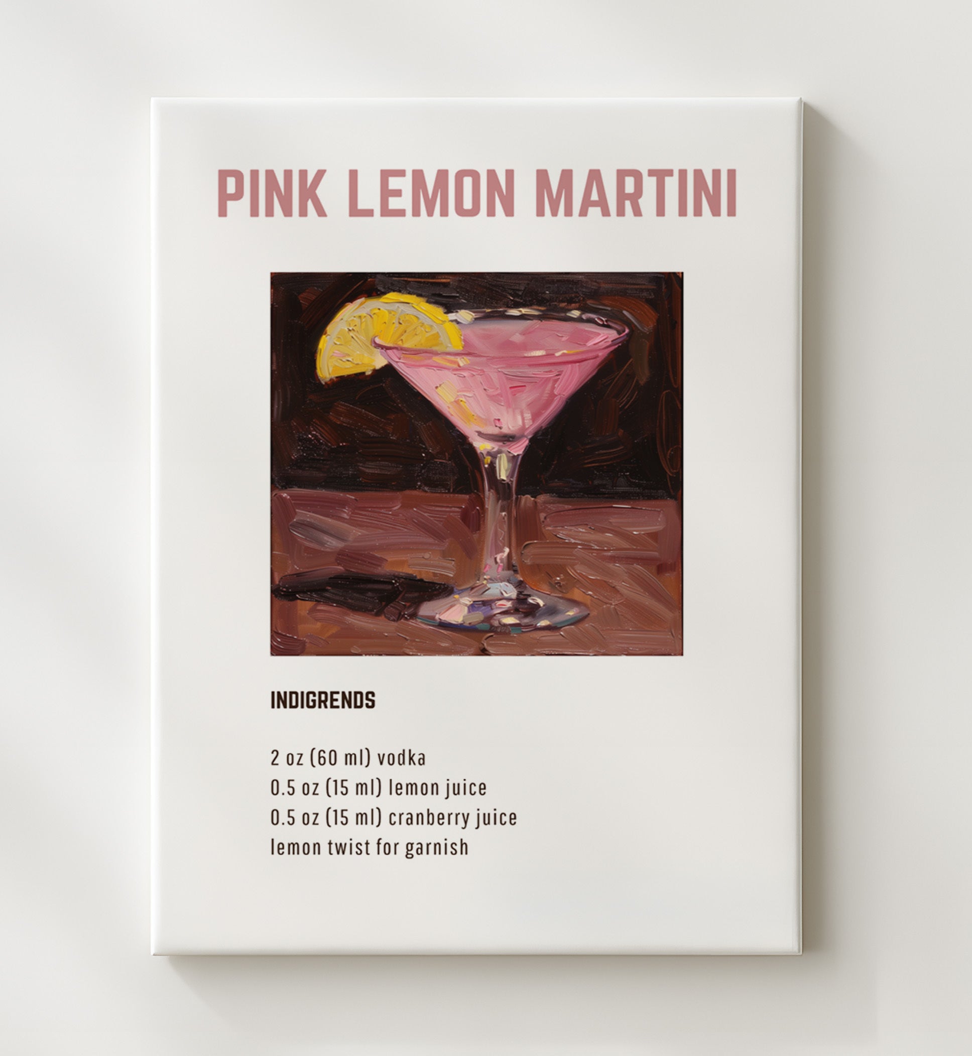 Pink Lemon Martini 20x24 Canvas cocktail recipe wall art print – Cocktail Recipies decor